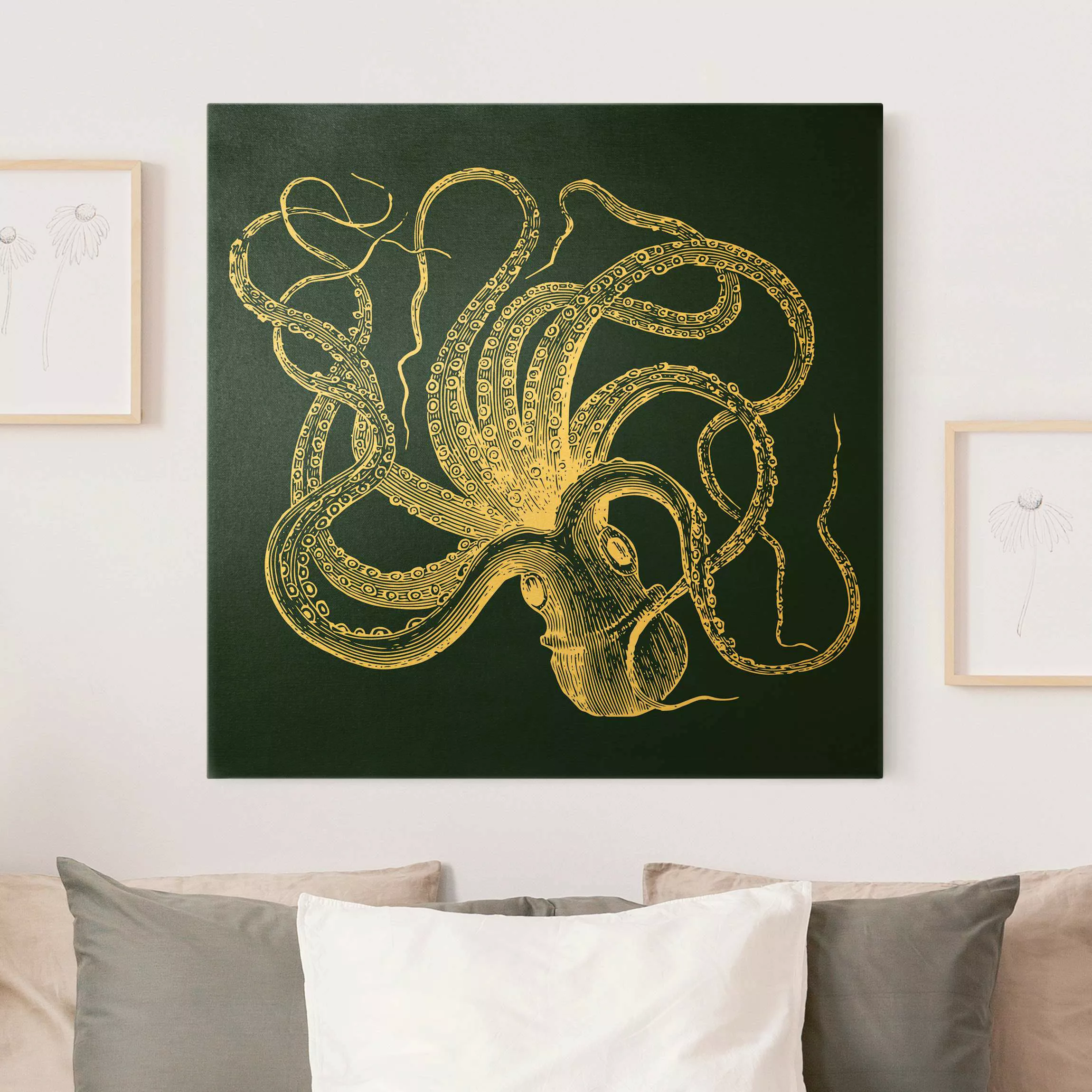 Leinwandbild Gold Illustration verrückter Oktopus auf Blau günstig online kaufen