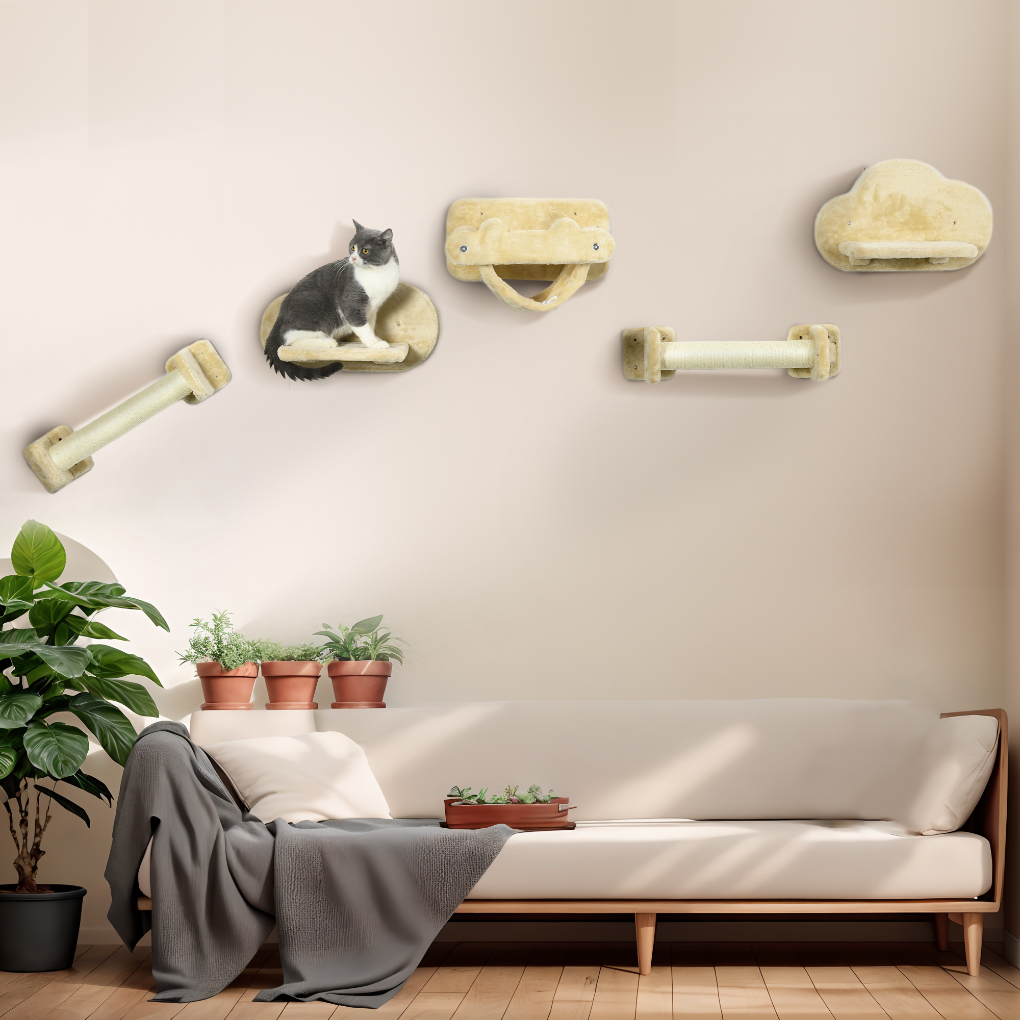 PawHut Katzen Kletterwand Set 5-teilig mit Treppe in niedlicher Wolkenform, günstig online kaufen