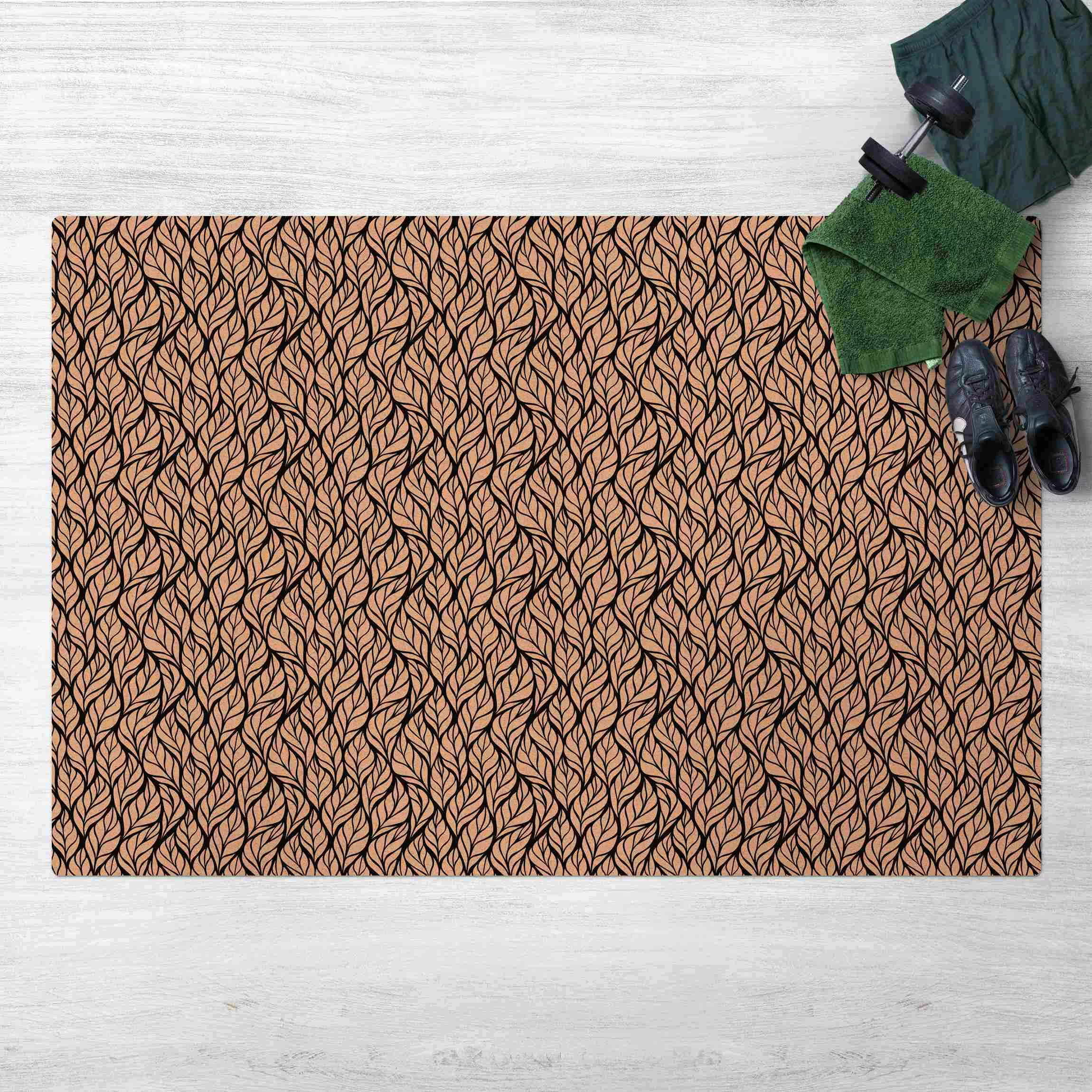 Kork-Teppich Natürliches Muster große Blätter auf Schwarz günstig online kaufen