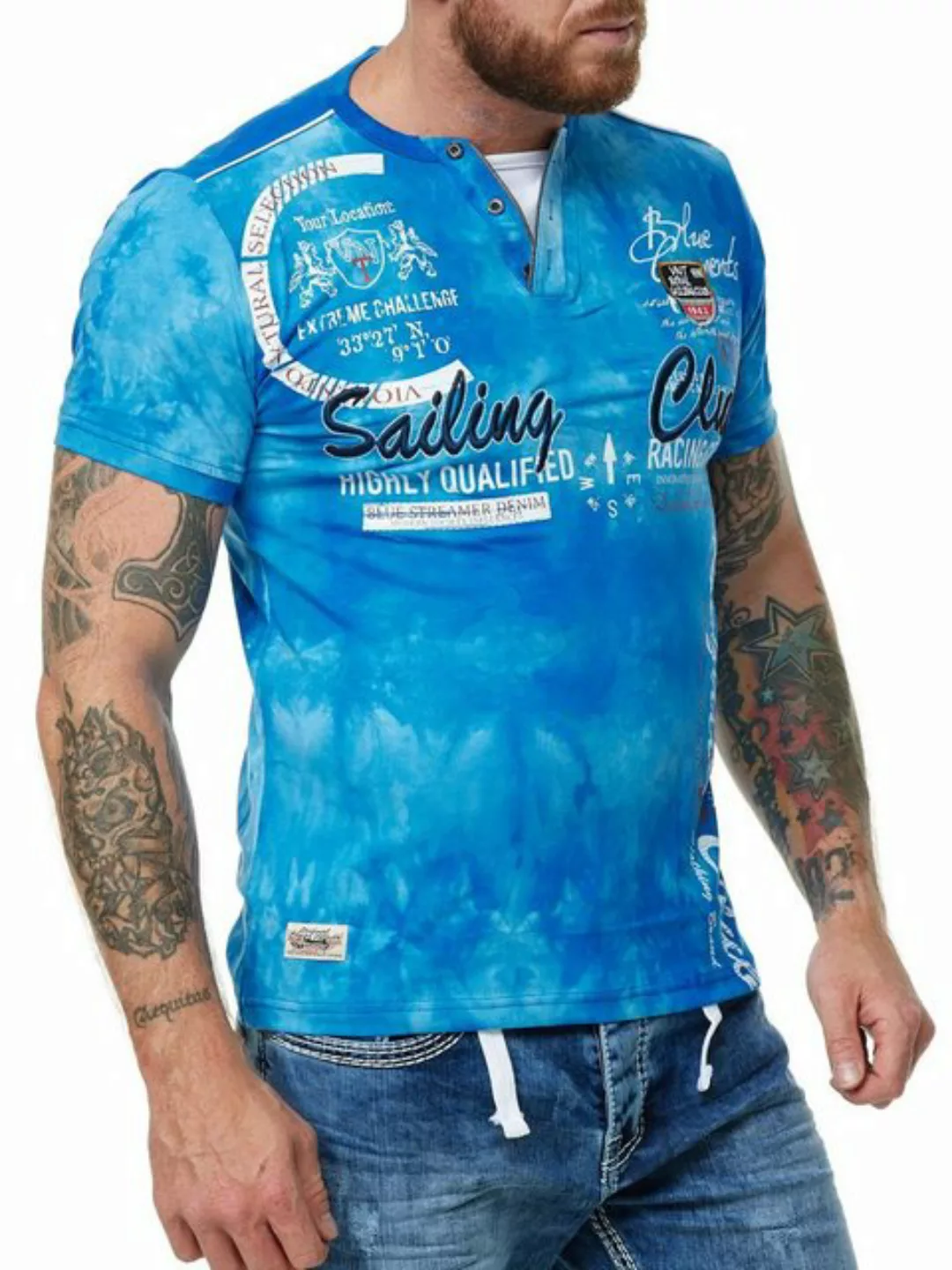 L.gonline Kurzarmshirt Herren T-Shirt mit Knopfleiste, Verwaschen kurzarm m günstig online kaufen