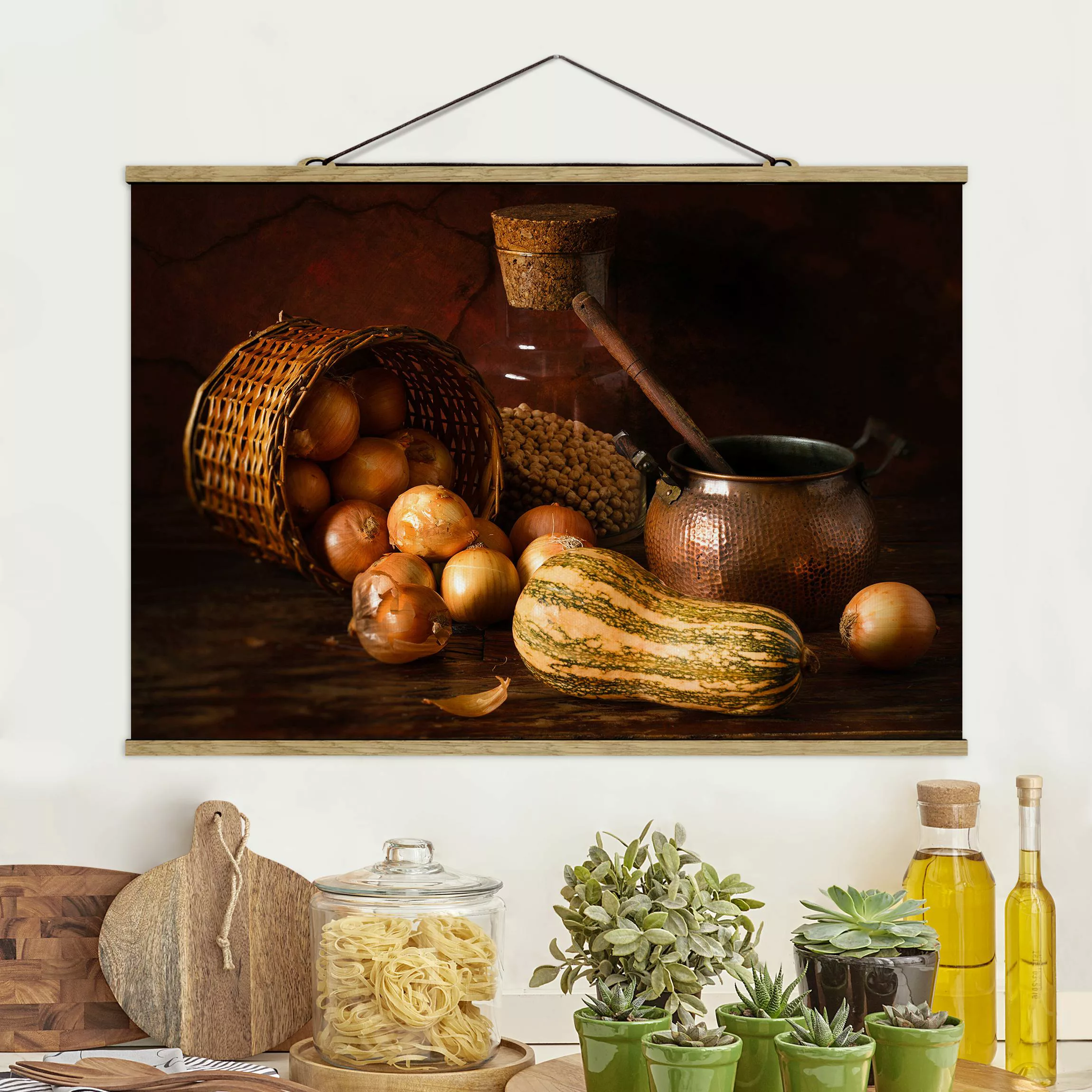 Stoffbild Küche mit Posterleisten - Querformat Stillleben mit Zwiebeln günstig online kaufen