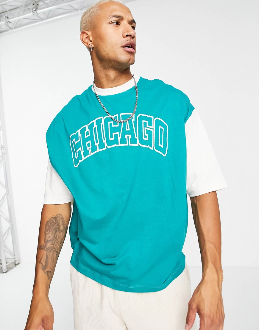 ASOS DESIGN – Oversize-T-Shirt mit Ärmeln im Farbblockdesign und Chicago-Pr günstig online kaufen
