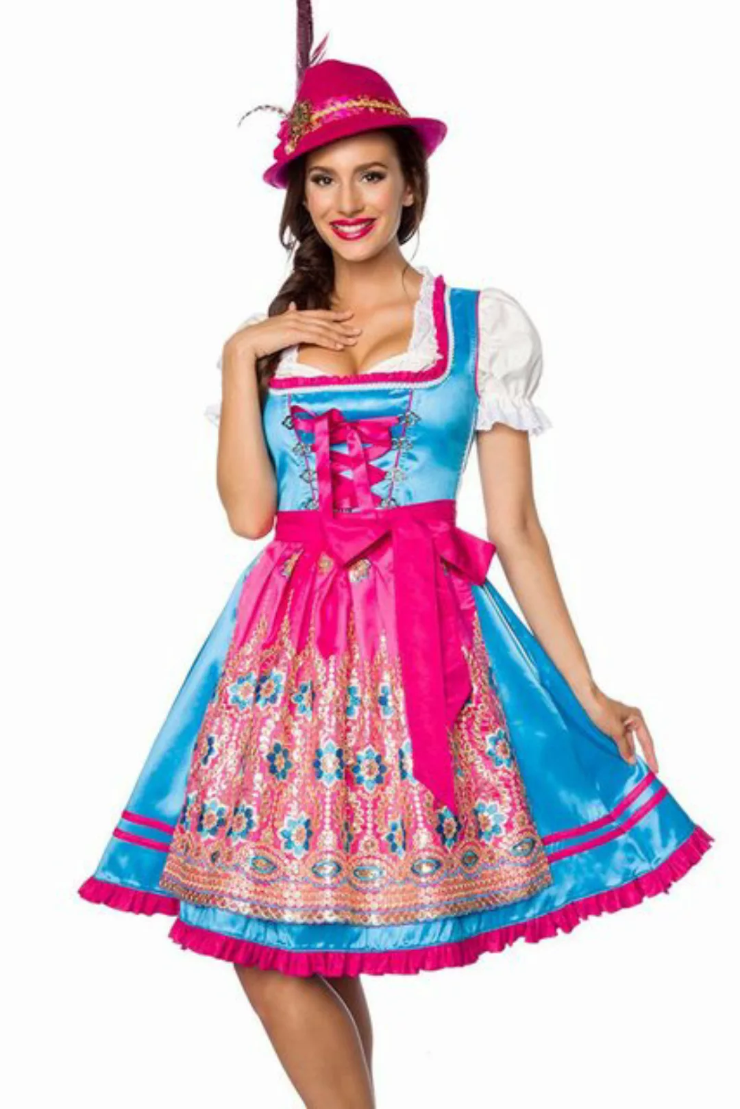 Dirndline Dirndl Premium Dirndl inkl. Schürze Trachtenkleid in blau pink günstig online kaufen