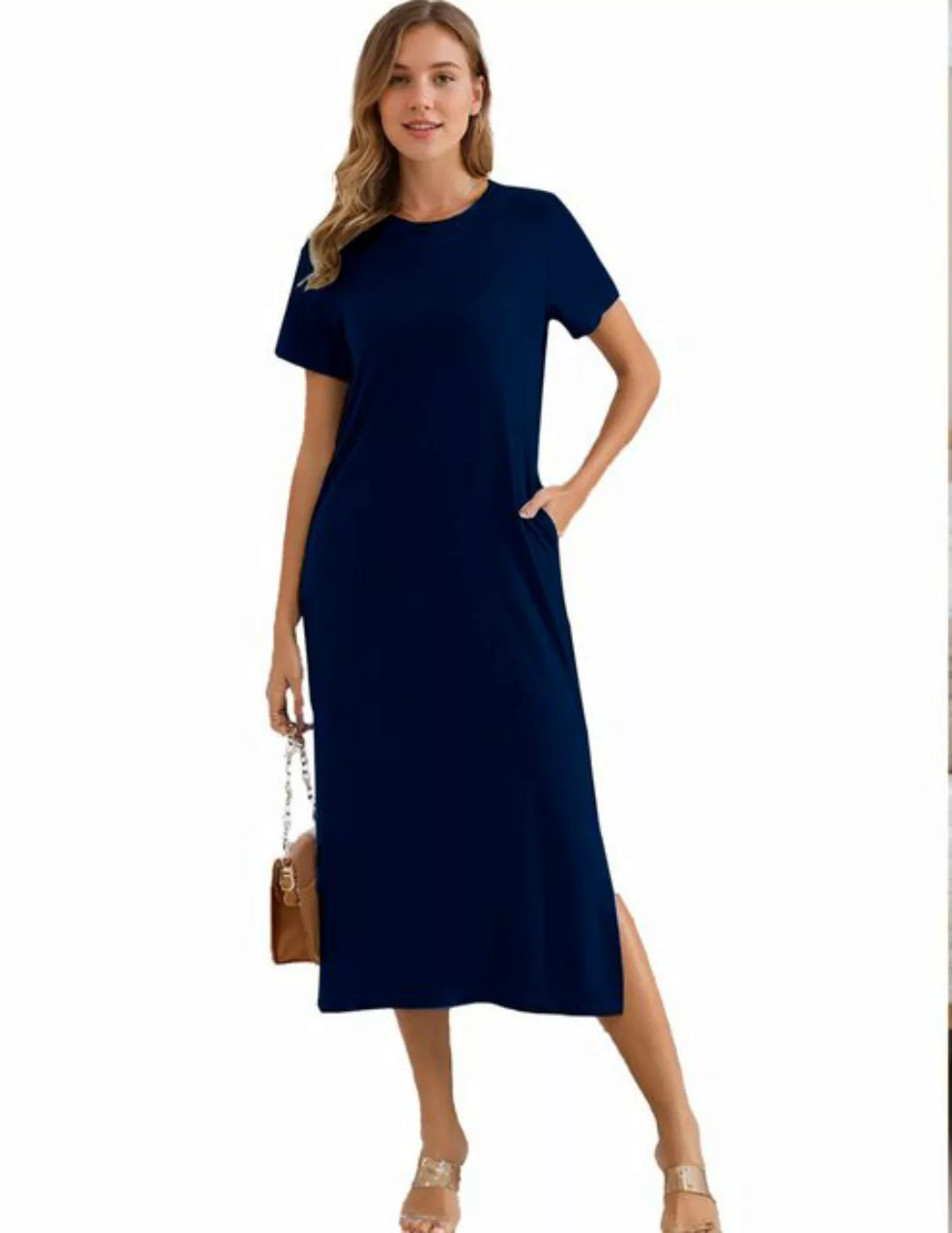 LUCKZON Sommerkleid Damen Maxikleid, geteilt, lässig, T-Shirt-Kleid mit Tas günstig online kaufen