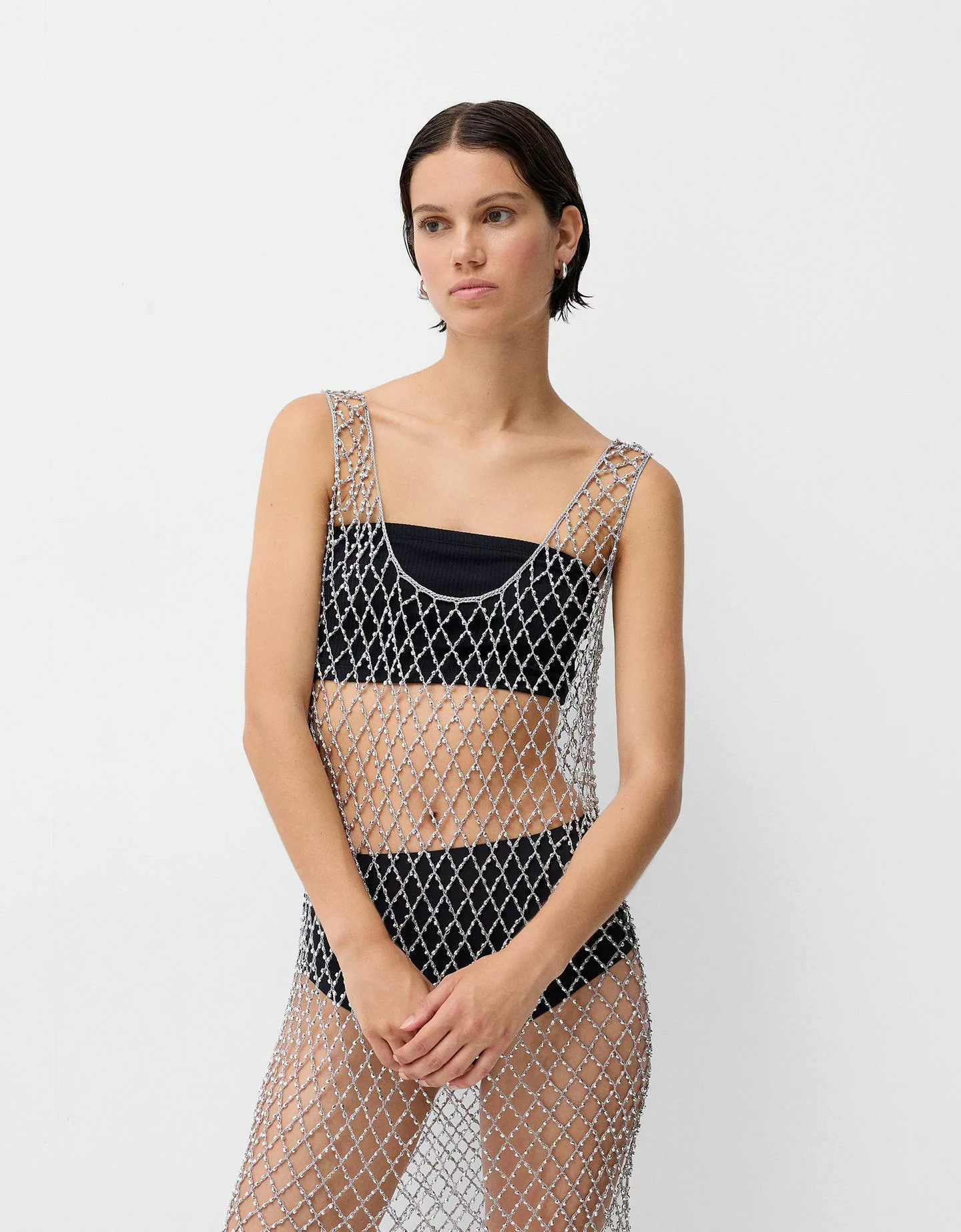 Bershka Minikleid Mesh Schmucksteine Damen Dunkelgrau günstig online kaufen