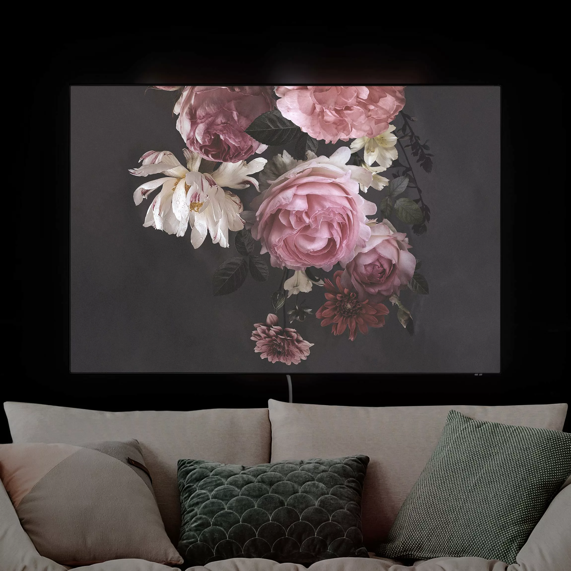 LED-Wechselbild Rosa Blumen auf Schwarz Vintage günstig online kaufen