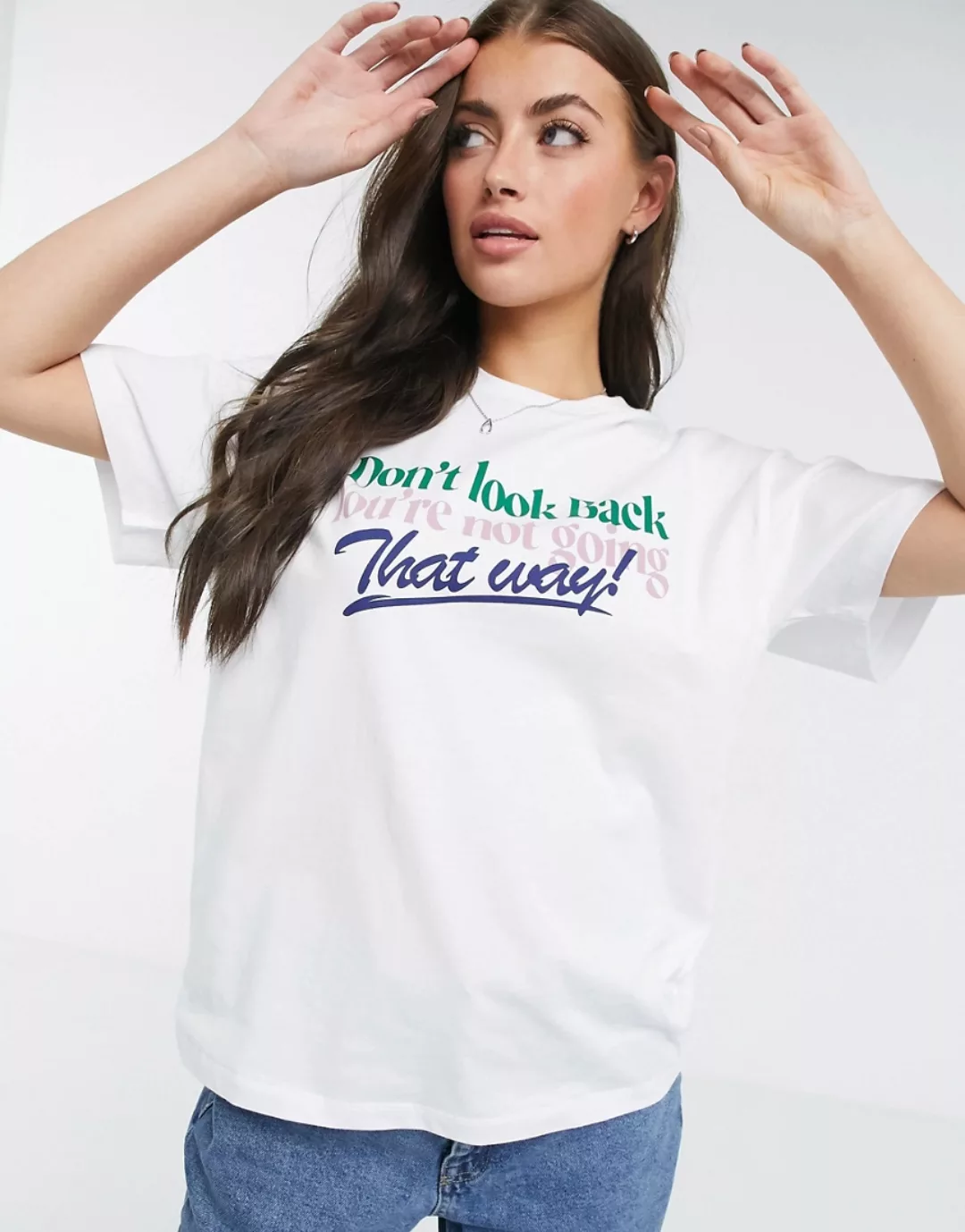 ASOS DESIGN – Don't Look Back – Weißes T-Shirt mit Print hinten günstig online kaufen