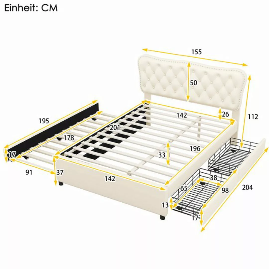 KoDise Polsterbett 140*200 cm Doppelbett Bettgestell mit Schubladen, PU, Pf günstig online kaufen