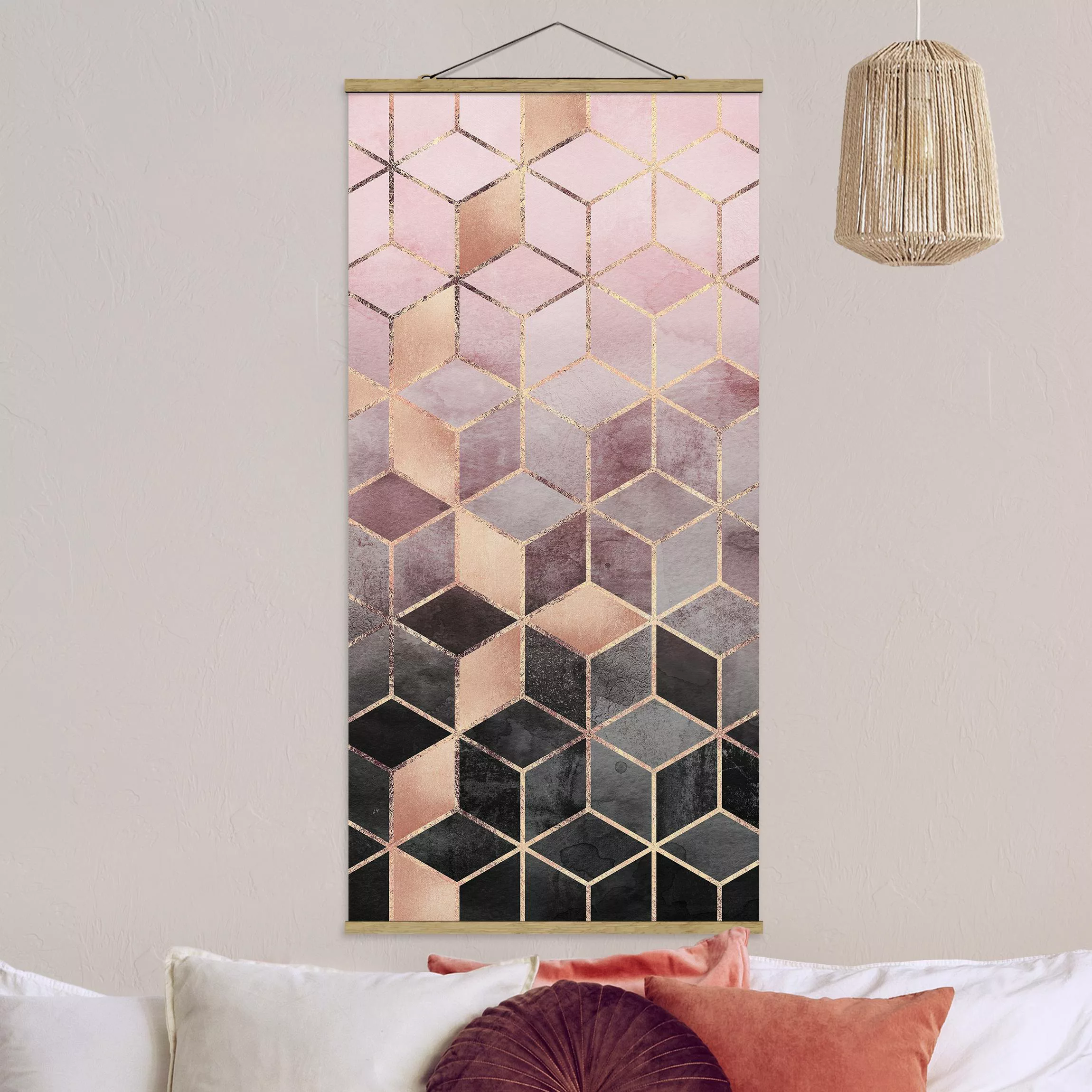 Stoffbild Abstrakt mit Posterleisten - Hochformat Rosa Grau goldene Geometr günstig online kaufen