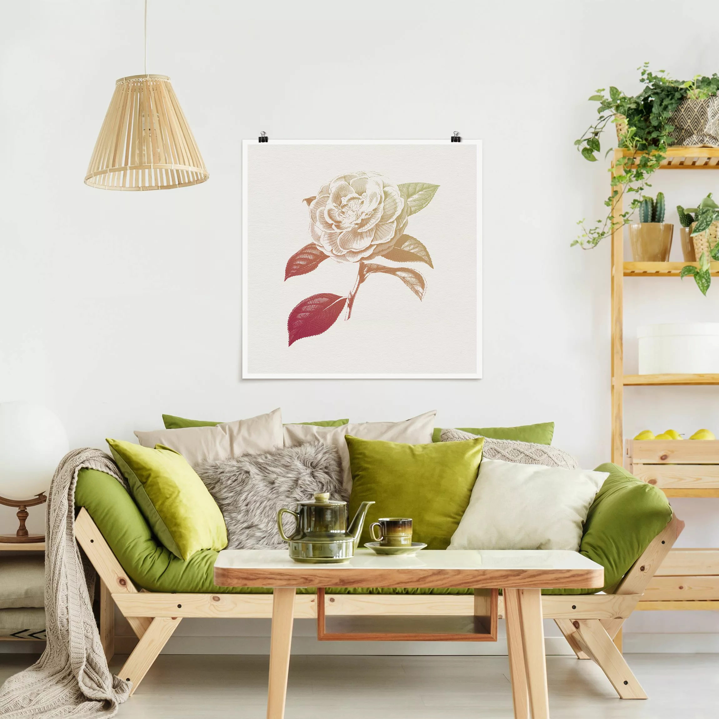 Poster Modern Vintage Botanik Rose Rot Grün günstig online kaufen