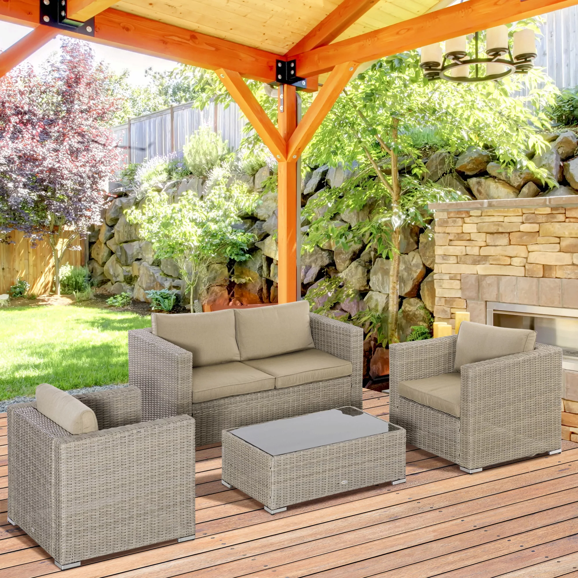 Outsunny Polyrattan Gartenmöbel Set für 4 Personen, Loungemöbel mit Couchti günstig online kaufen