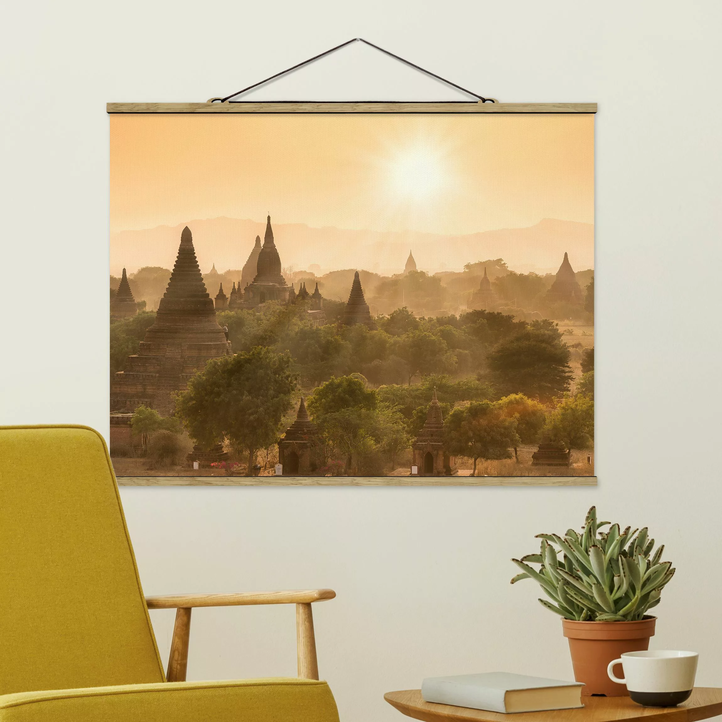 Stoffbild mit Posterleisten Sonnenuntergang über Bagan günstig online kaufen