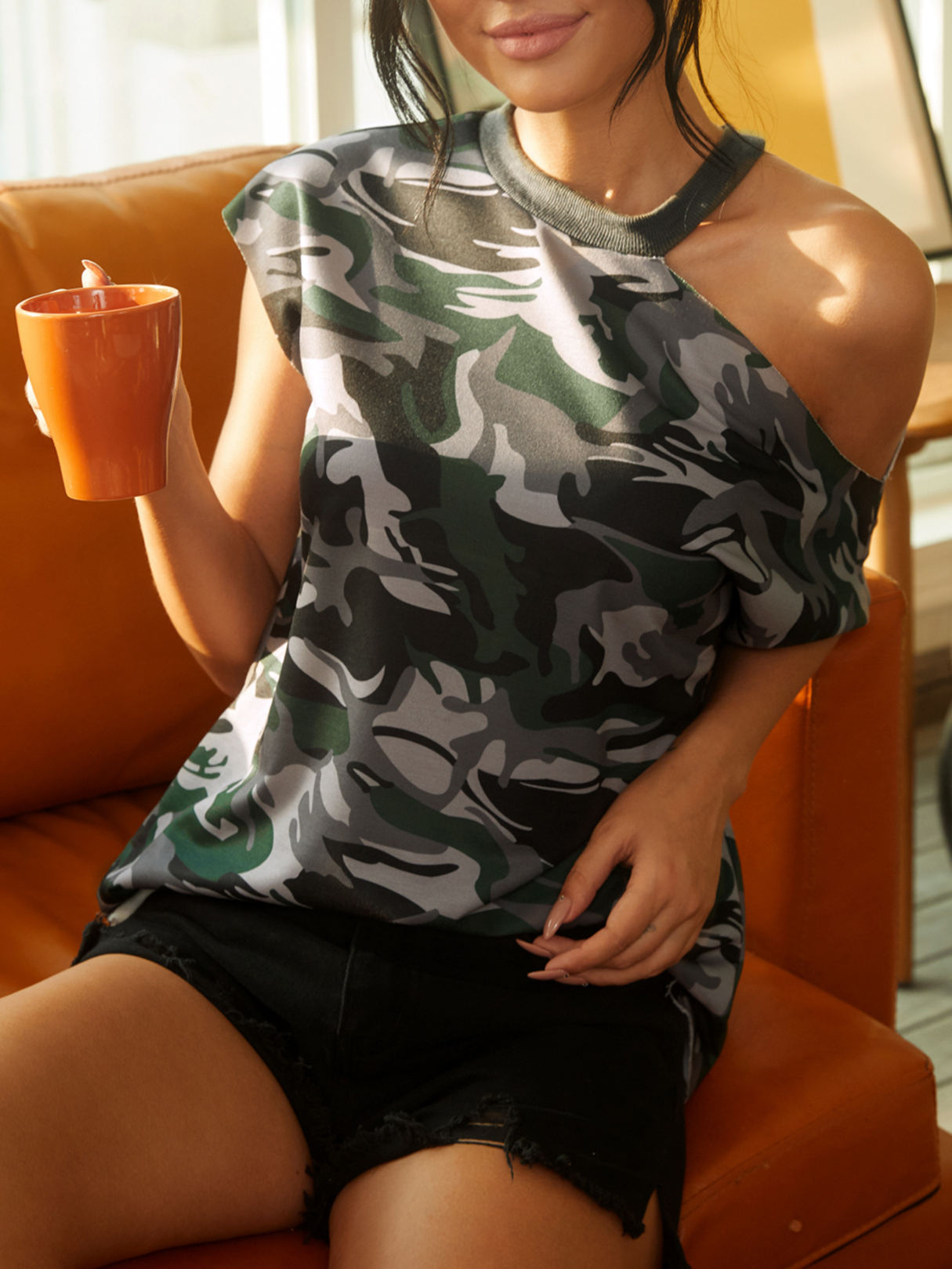 YOINS Off The Shoulder Camo Kurzarm T-Shirt günstig online kaufen