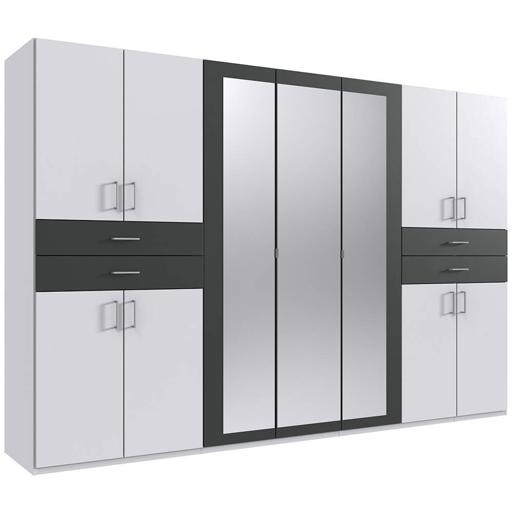 Kleiderschrank mit Spiegel, 313 cm breit modern in weiß mit graphit TREVISO günstig online kaufen