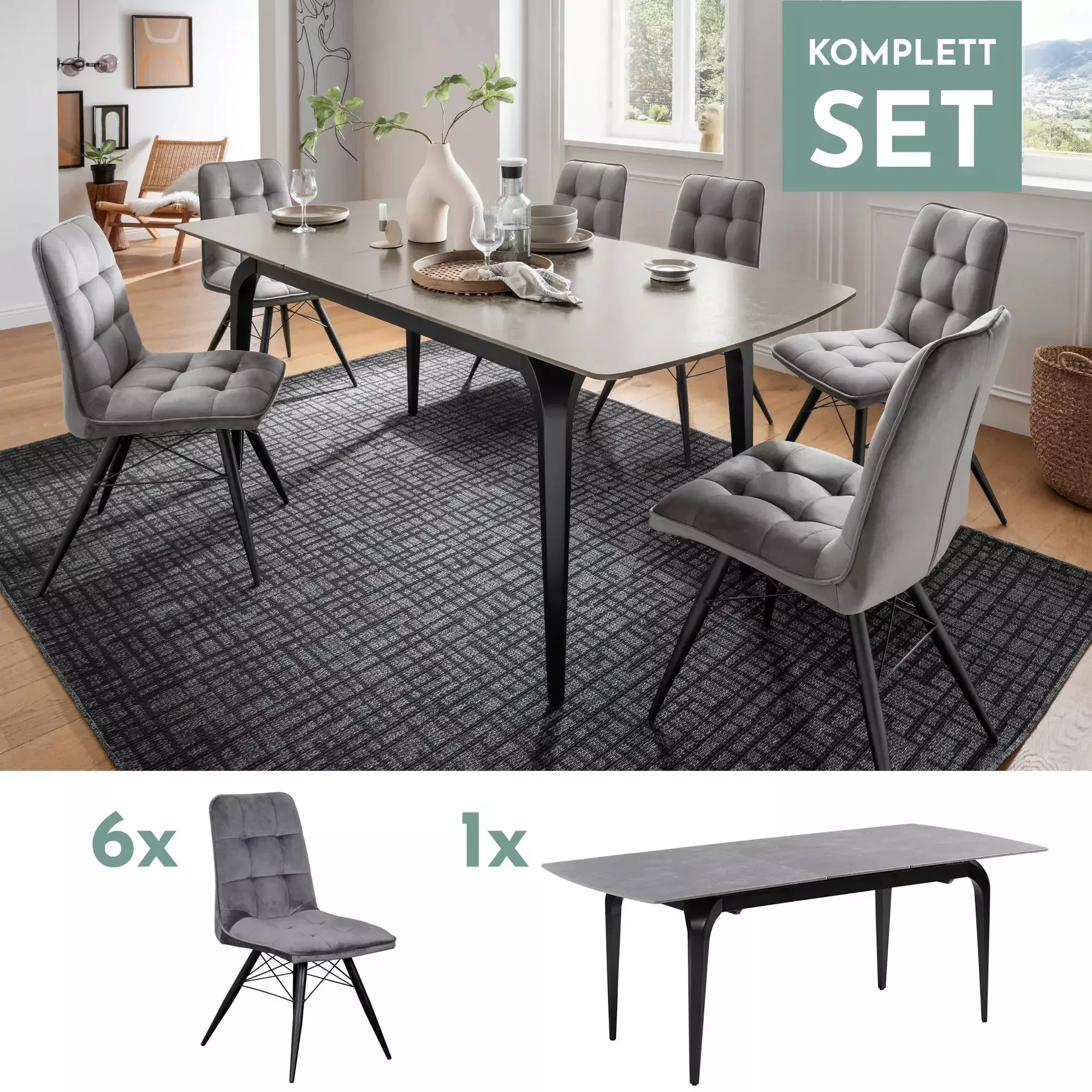 Indoormöbelset Stuhl Vicenza grau und Ausziehtisch Piacenza light grey günstig online kaufen