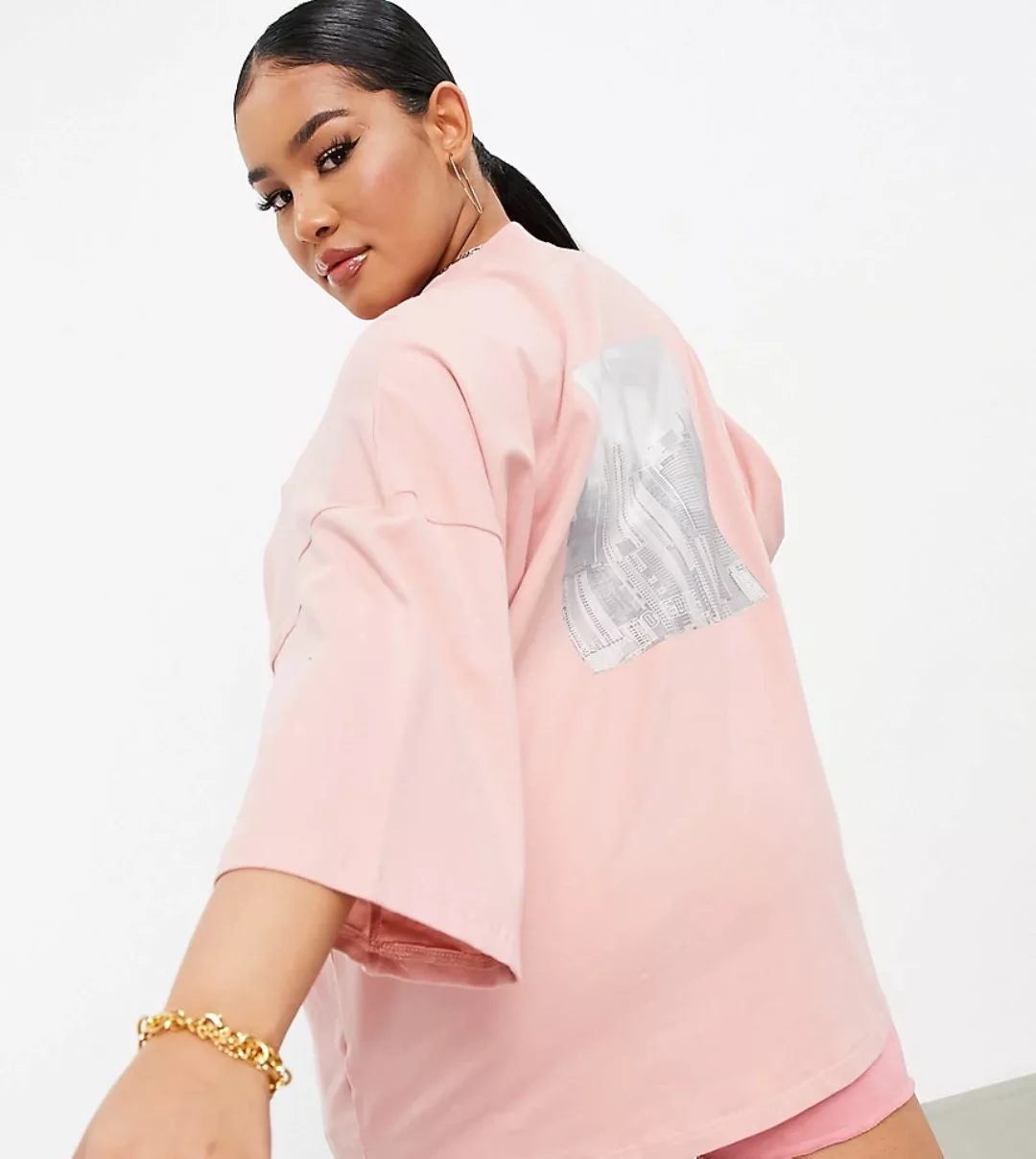 Public Desire Curve – Oversize-T-Shirt mit Grafik in Rosé-Rosa günstig online kaufen
