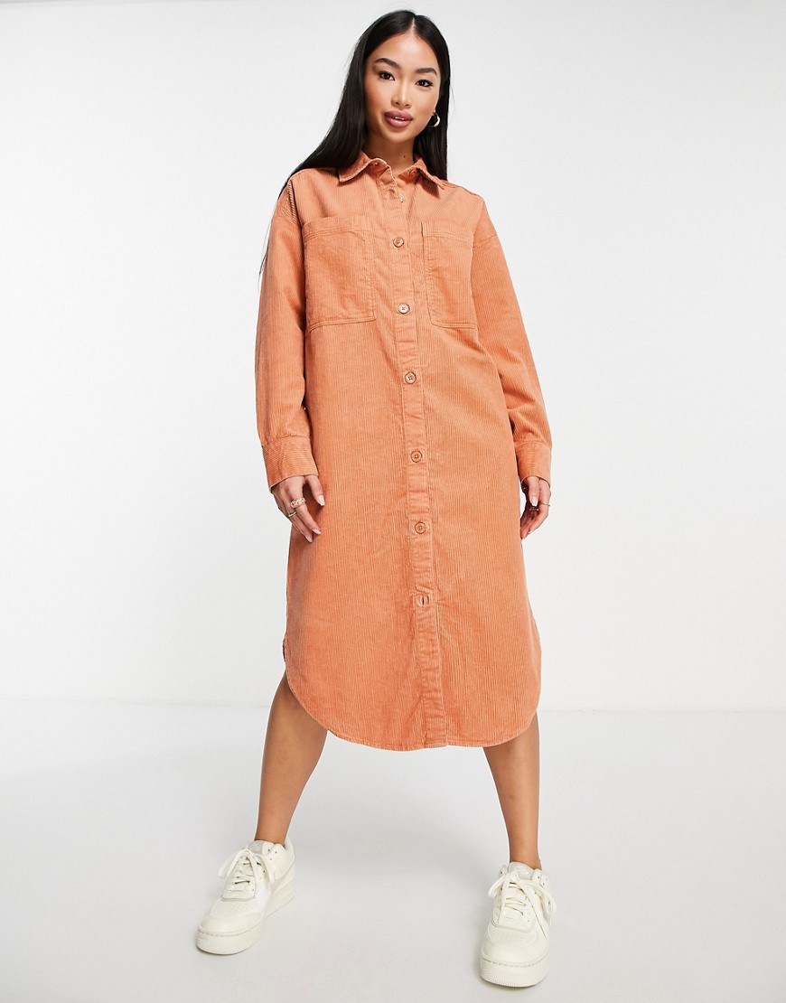 Monki – Hemdblusenkleid aus Cord in Rostbraun-Orange günstig online kaufen
