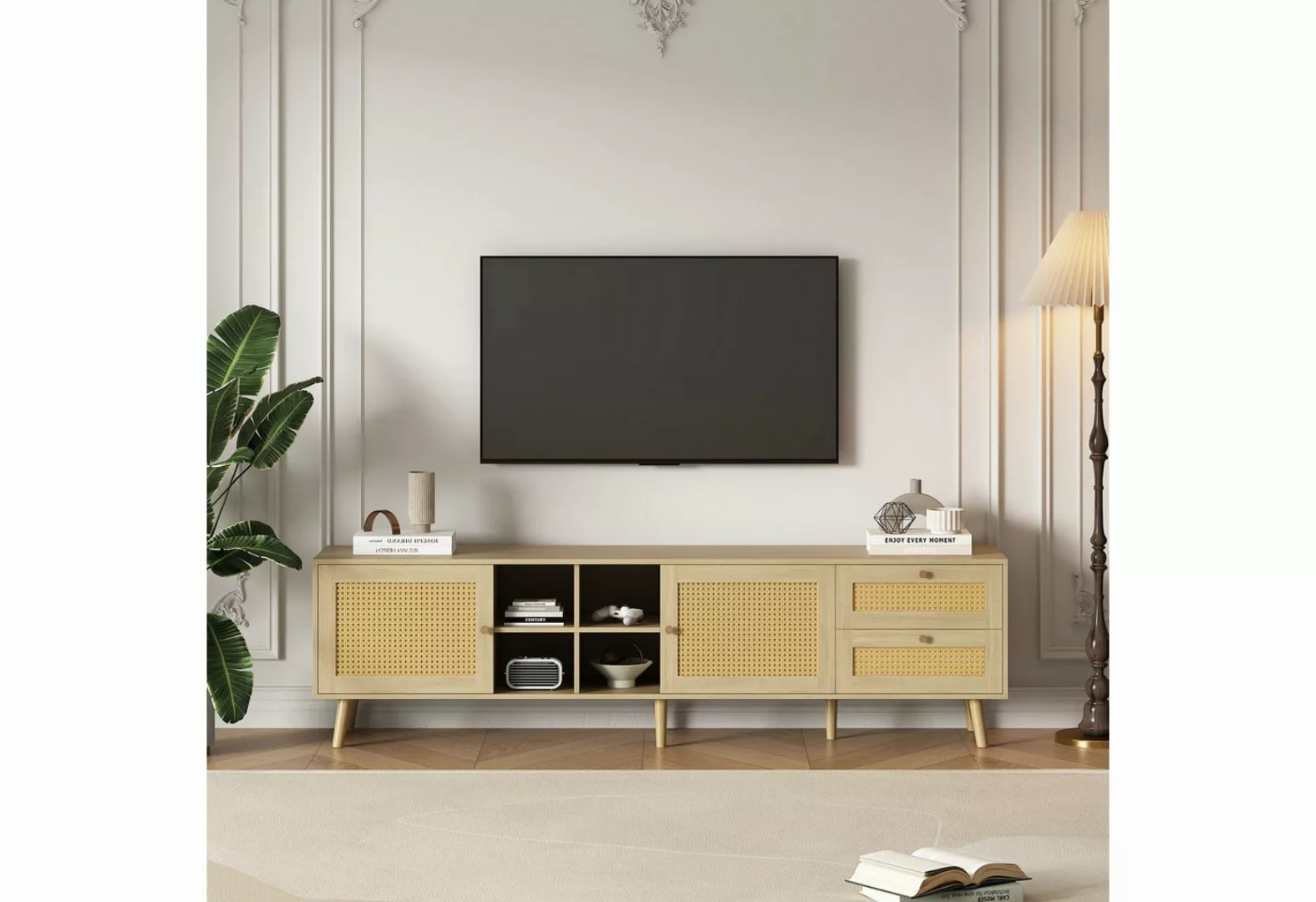 REDOM TV-Schrank Holz-TV-Schrank, TV-Ständer, lowboard TV (2 Rattan-Türen, günstig online kaufen
