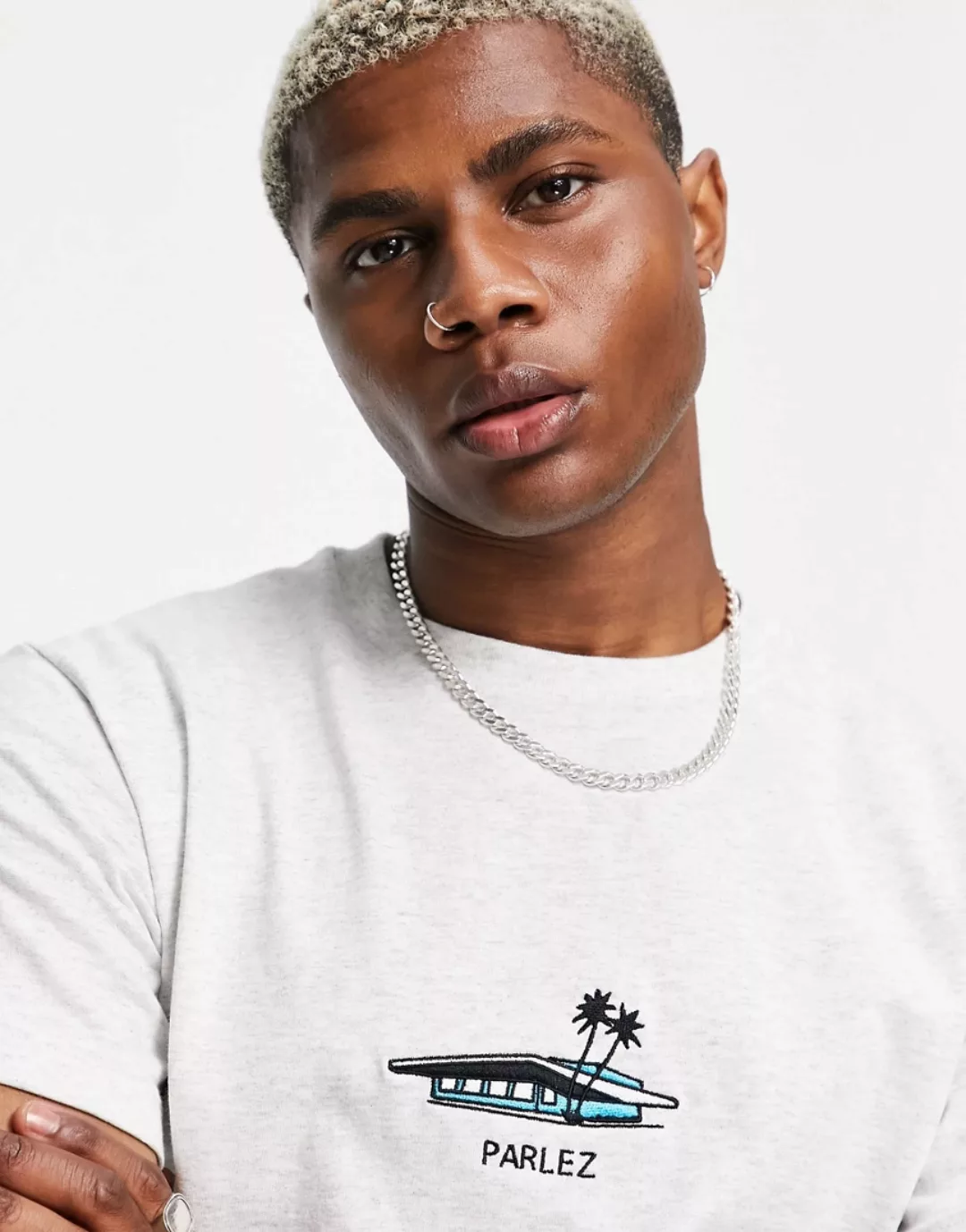 Parlez – Cordover – Besticktes T-Shirt in Grau günstig online kaufen