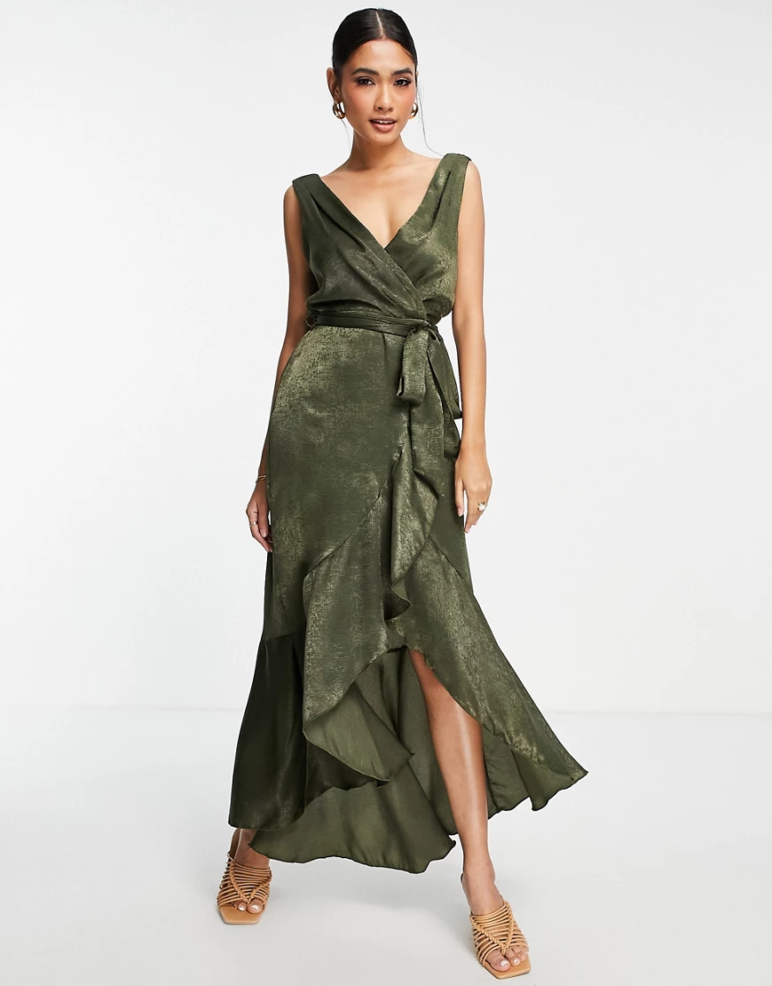 Flounce London – Midaxi-Kleid mit Wickeldesign vorne in Khaki-Grün günstig online kaufen