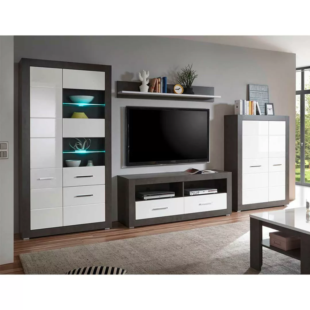 Hochglanz Wohnwand in Weiß und Beton Grau 350 cm breit (vierteilig) günstig online kaufen