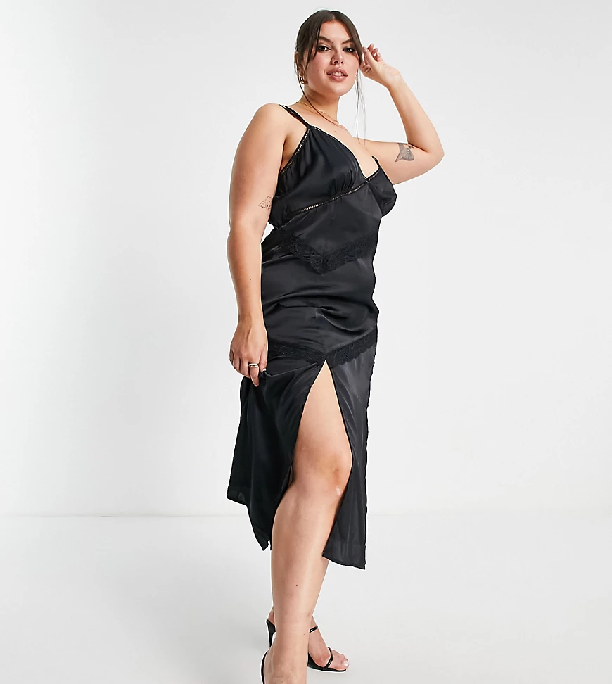 ASOS DESIGN Curve – Midi-Slipdress aus Satin mit Spitzeneinsatz in Schwarz günstig online kaufen