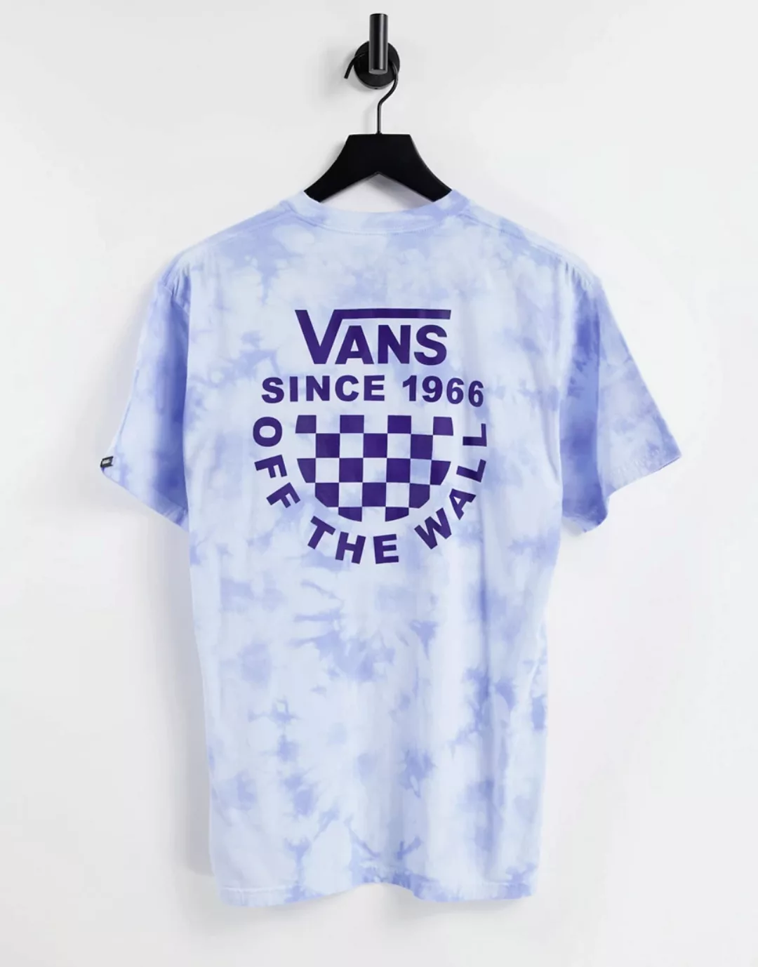 Vans – T-Shirt in Blau mit Schachbrett-Logo, Batikmuster und Rückenprint günstig online kaufen