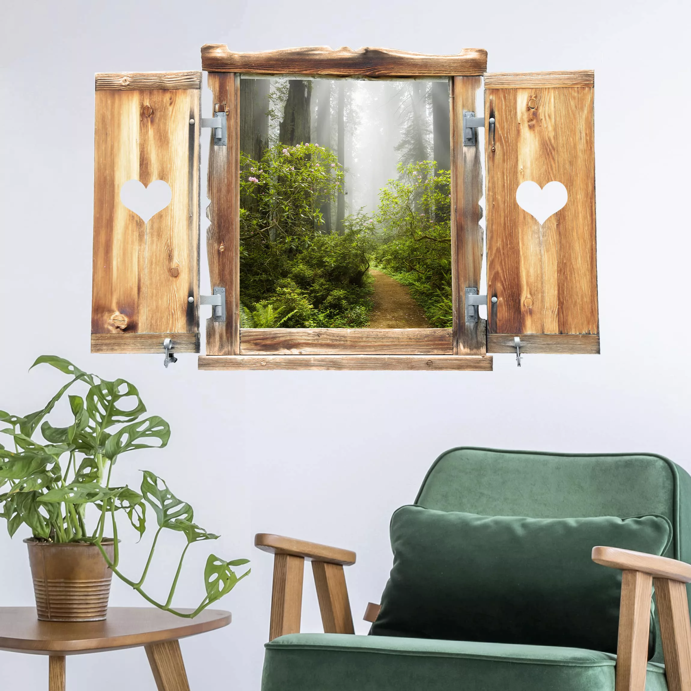3D Wandtattoo Fenster mit Herz Nebliger Waldpfad günstig online kaufen