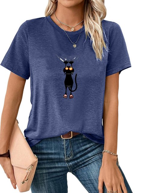 PYL Kurzarmshirt Damen Sommer Kurzarmbluse Locker Katze Print-Shirt günstig online kaufen