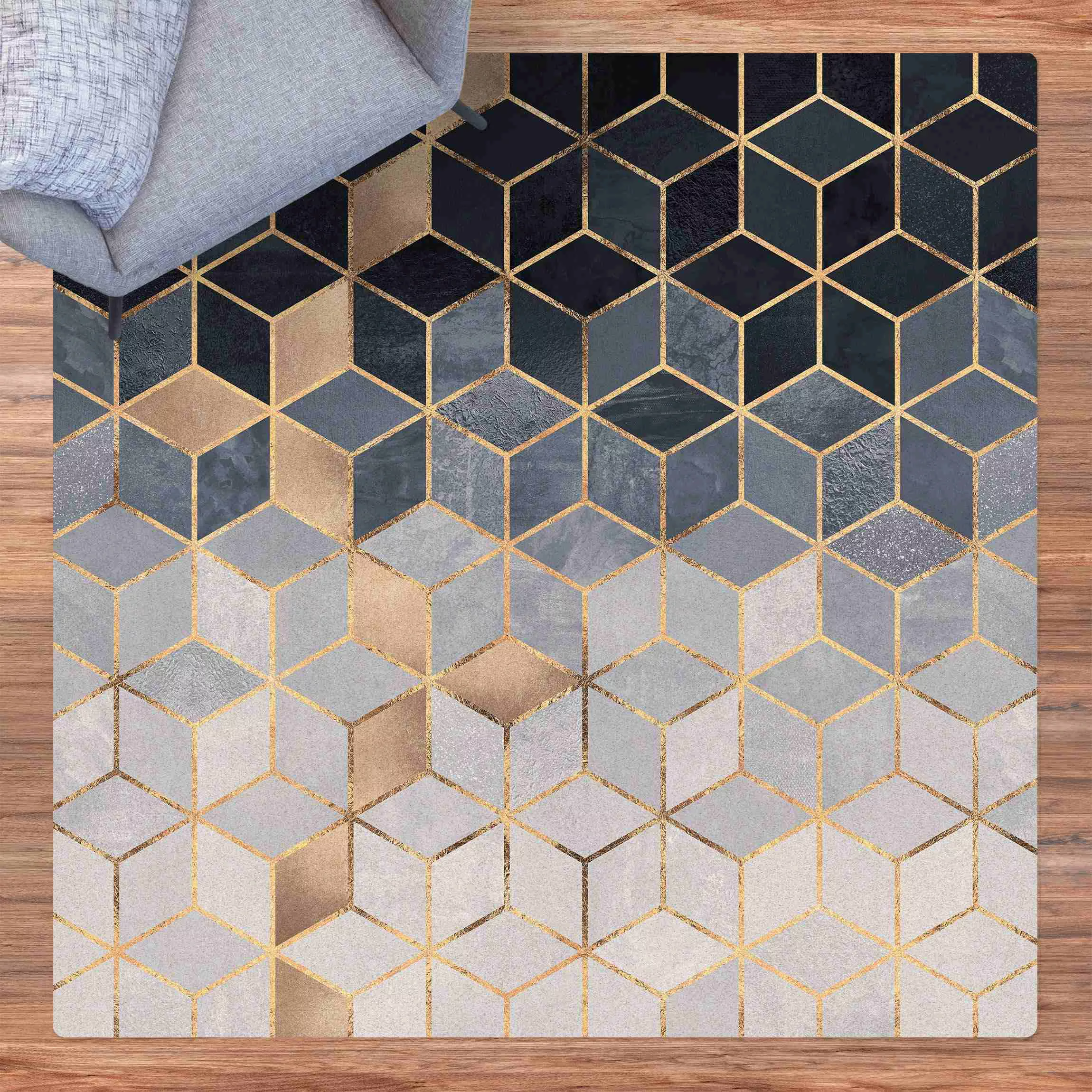 Kork-Teppich Blau Weiß goldene Geometrie günstig online kaufen