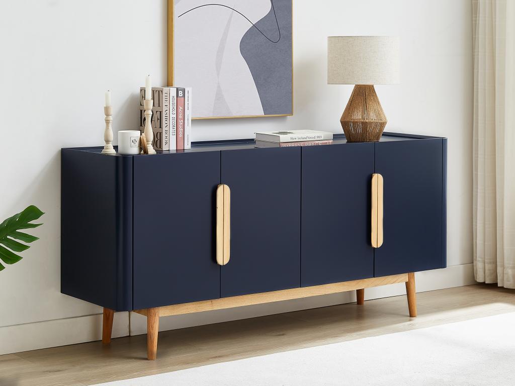 Sideboard mit 4 Türen - MDF & Kautschukholz - Blau & Holzfarben hell - DUNE günstig online kaufen