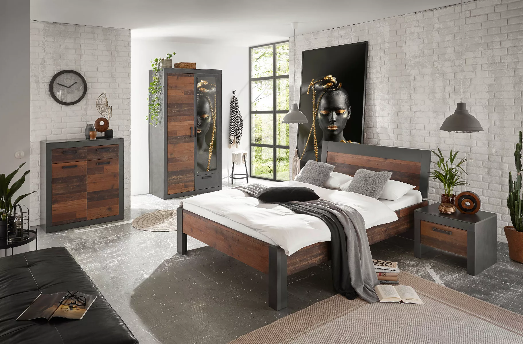 Schlafzimmer Set 4-teilig Bett 140x200 mit Holzkopfteil used-look QUEENS Nr günstig online kaufen