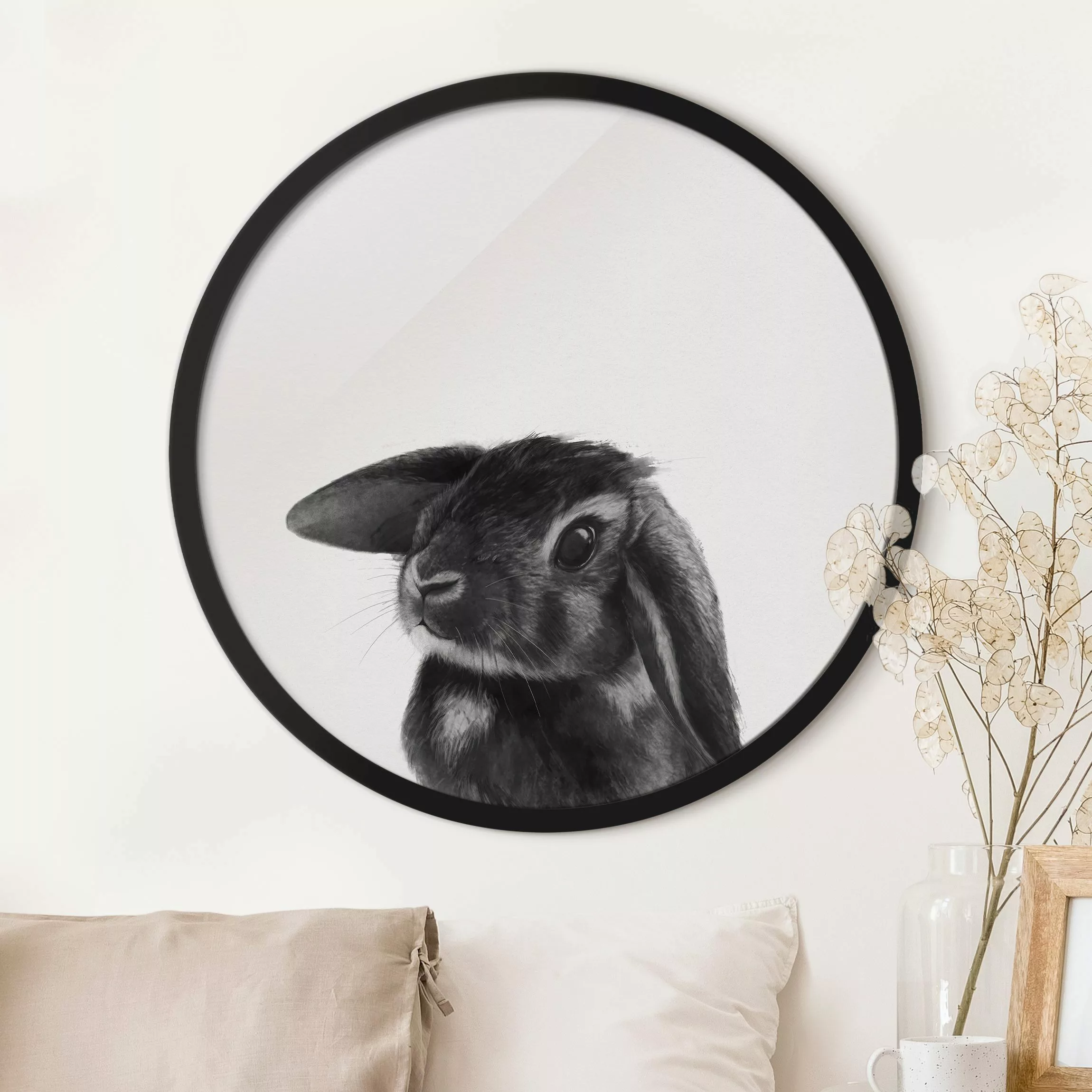 Rundes Gerahmtes Bild Illustration Hase Schwarz Weiß Zeichnung günstig online kaufen