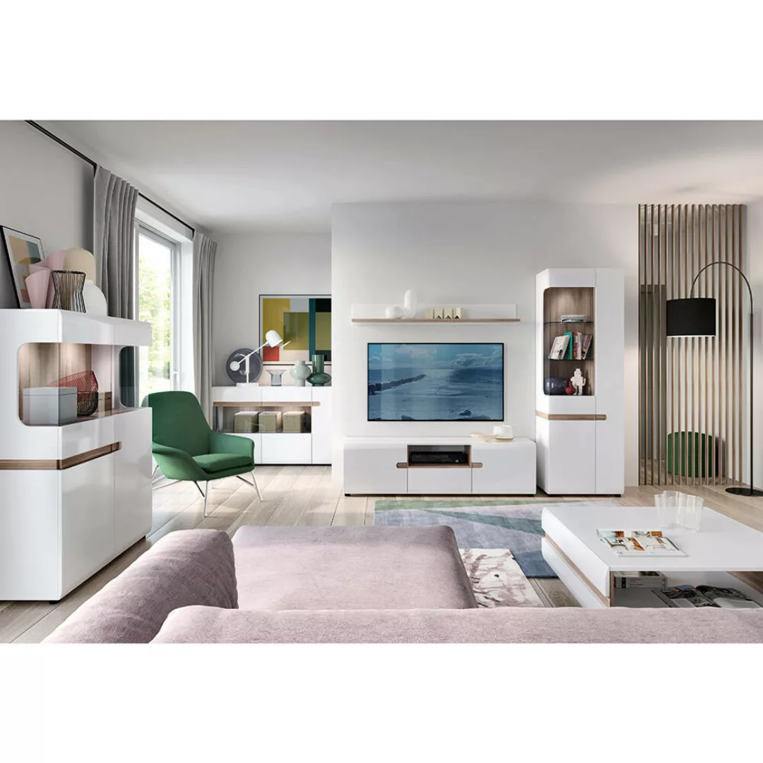 Wohnzimmer Möbel Set mit Beleuchtung in modernem Design, weiß Hochglanz mit günstig online kaufen