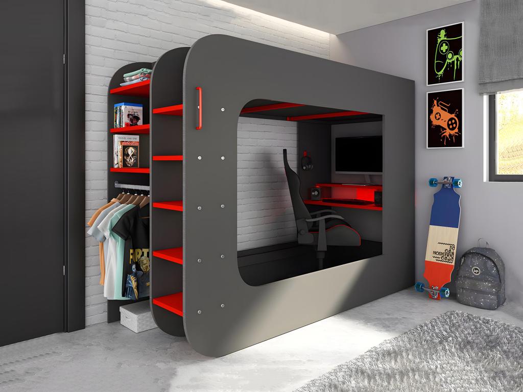 Hochbett mit Gaming-Schreibtisch & Stauraum + LEDs - 90 x 200 cm - Anthrazi günstig online kaufen