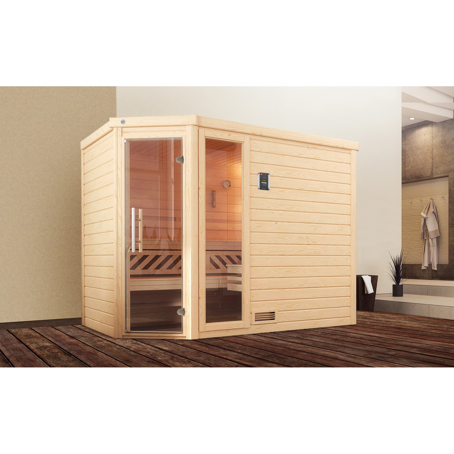 Weka Massivholzsauna Turku 3 Sparset 7,5 kW OS Glastür/Fenster günstig online kaufen