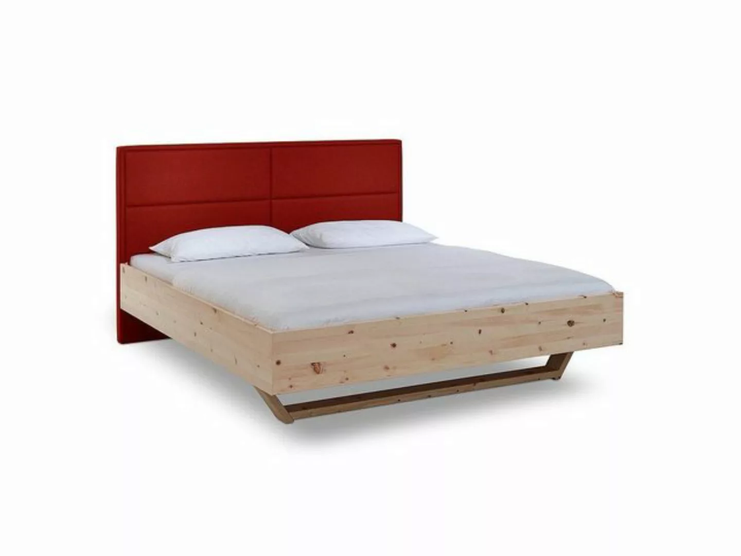 Natur24 Bett Luganox Bett aus Zirbe massiv 200x200 cm mit Stoffkopfteil Rot günstig online kaufen