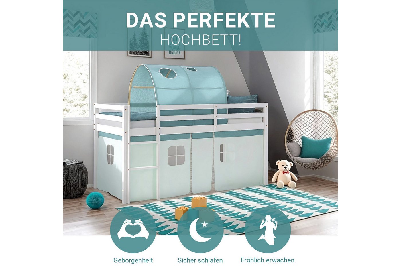 Homestyle4u Hochbett 90x200 Kinderbett Weiß Vorhang Grün Mint 1 Kind Kiefer günstig online kaufen