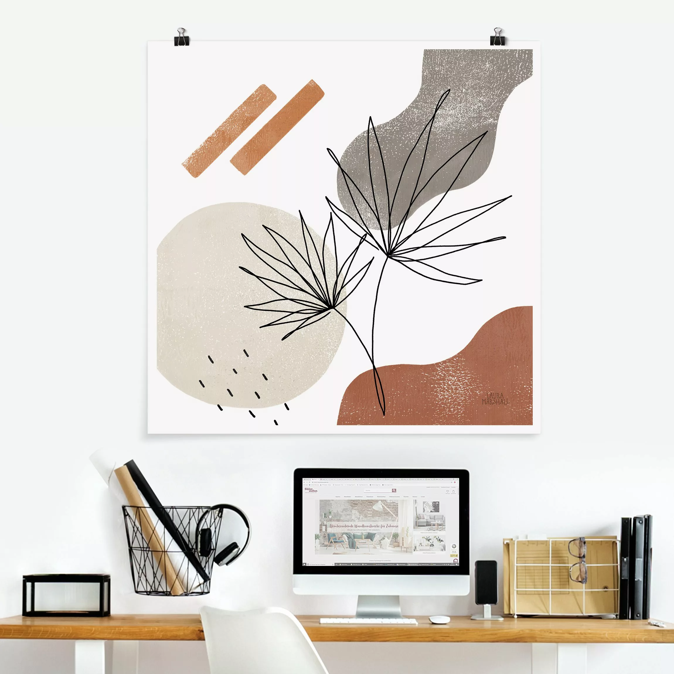 Poster Fächerpalme Lineart und Terracotta Farben günstig online kaufen