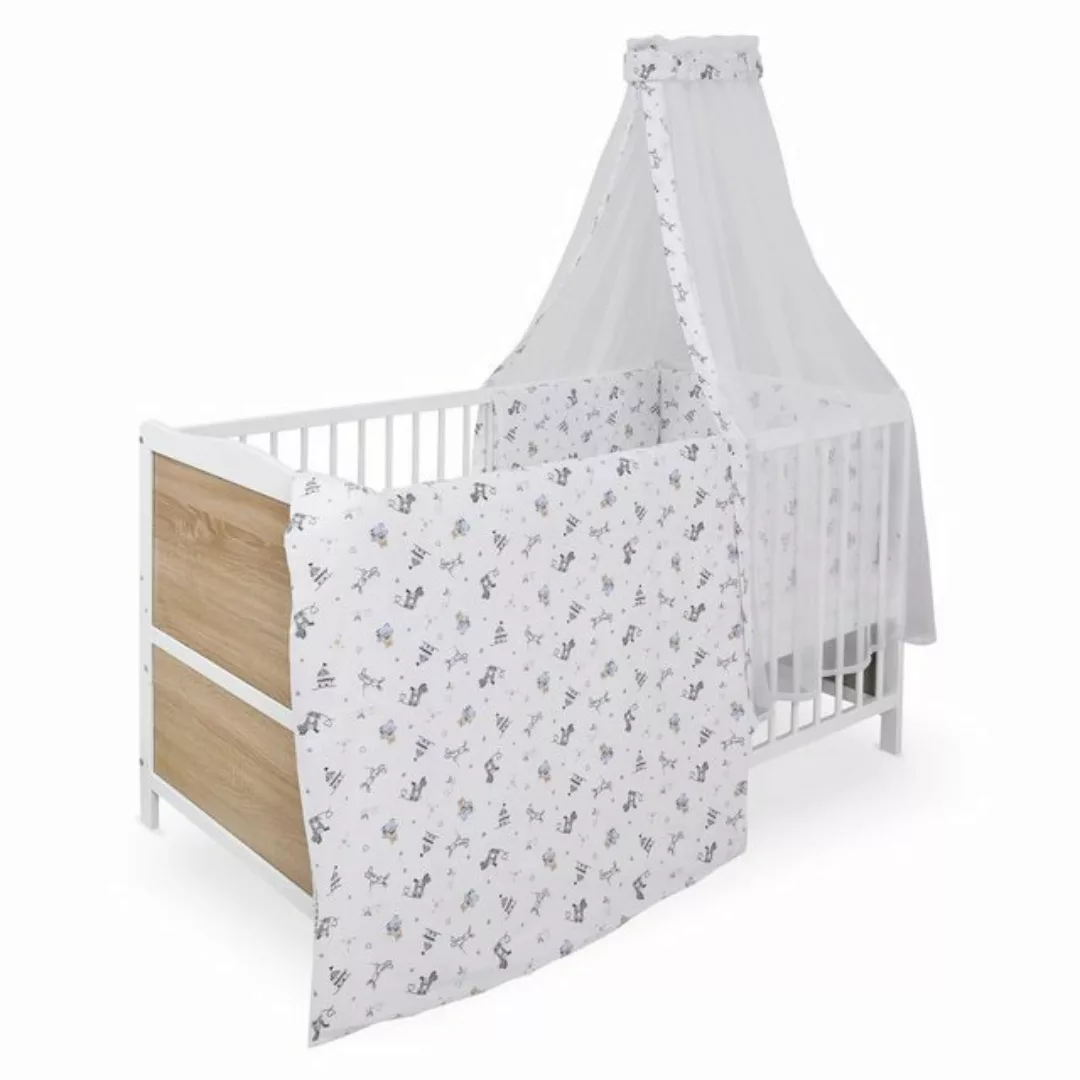 jonka Babybett Max - Spielparty - Weiß Eiche, Set inkl. Bettwäsche, Himmel günstig online kaufen