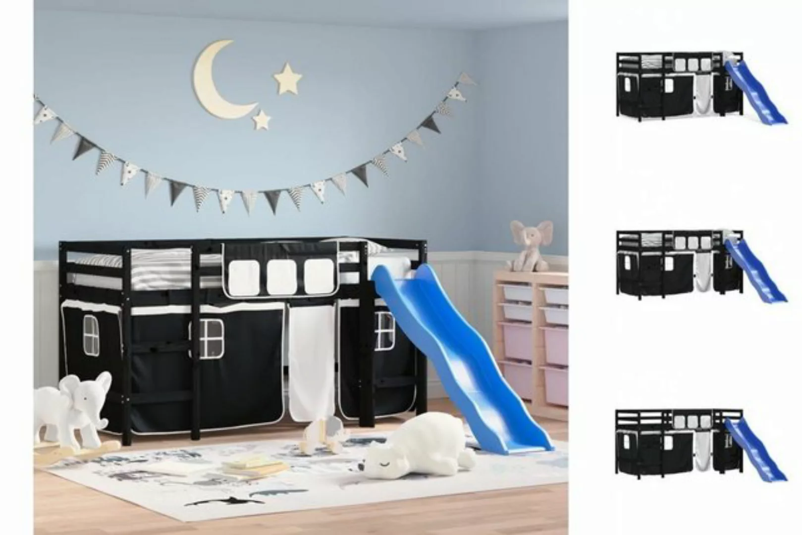 vidaXL Kinderbett Kinderhochbett mit Vorhängen Weiß Schwarz 90x200 cm Kiefe günstig online kaufen