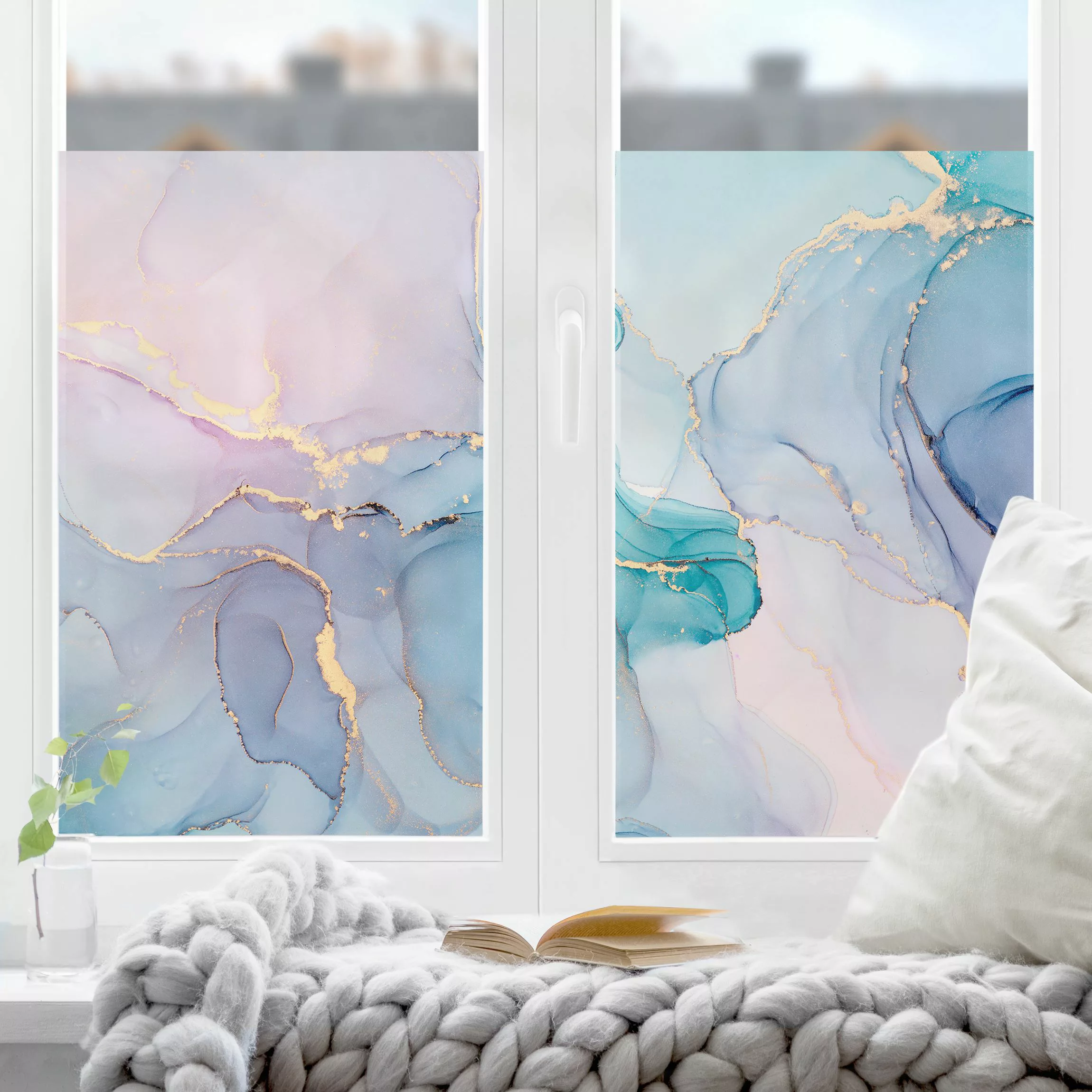 Fensterfolie Aquarell Pastell Türkis mit Gold günstig online kaufen