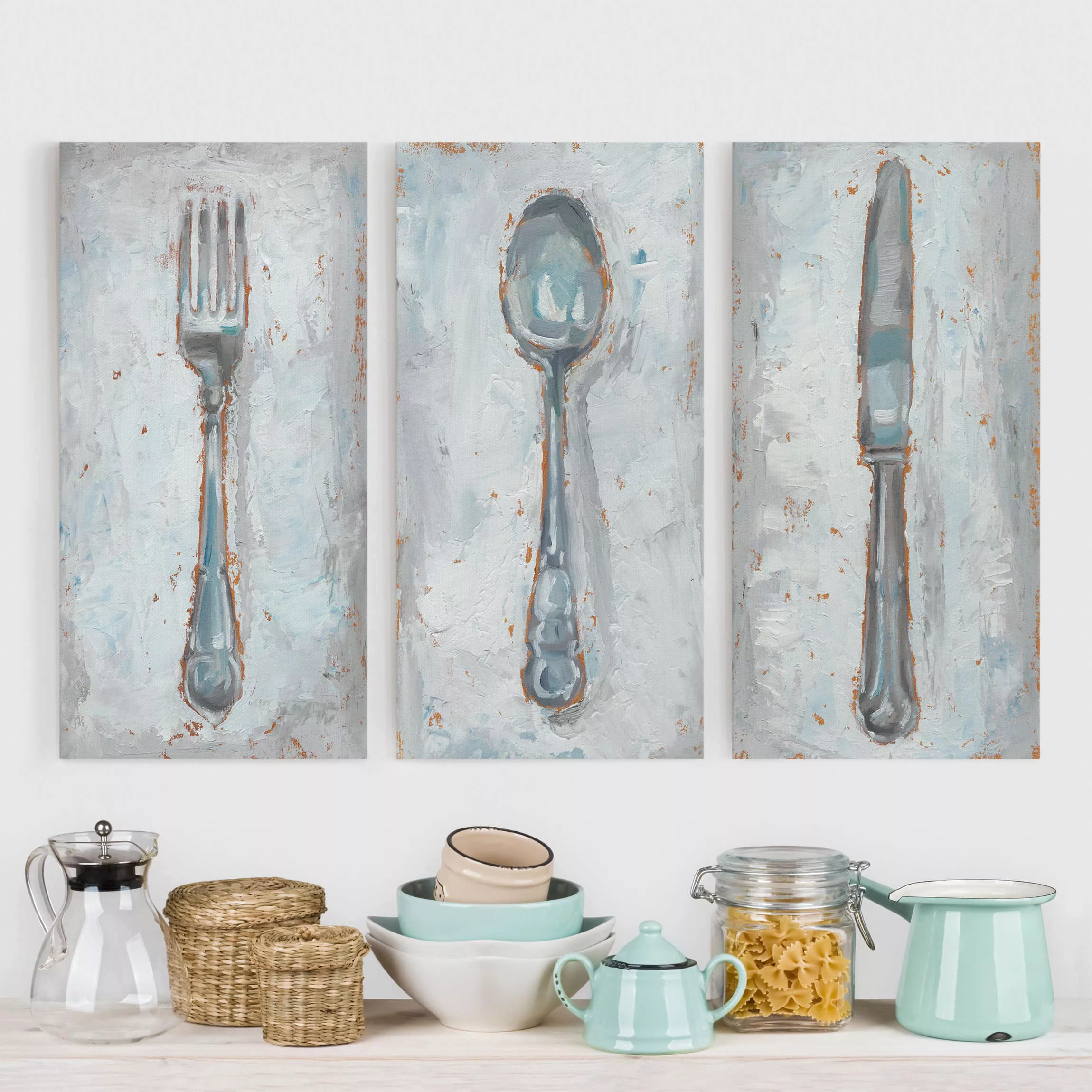 3-teiliges Leinwandbild Küche Impressionistisches Besteck Set I günstig online kaufen