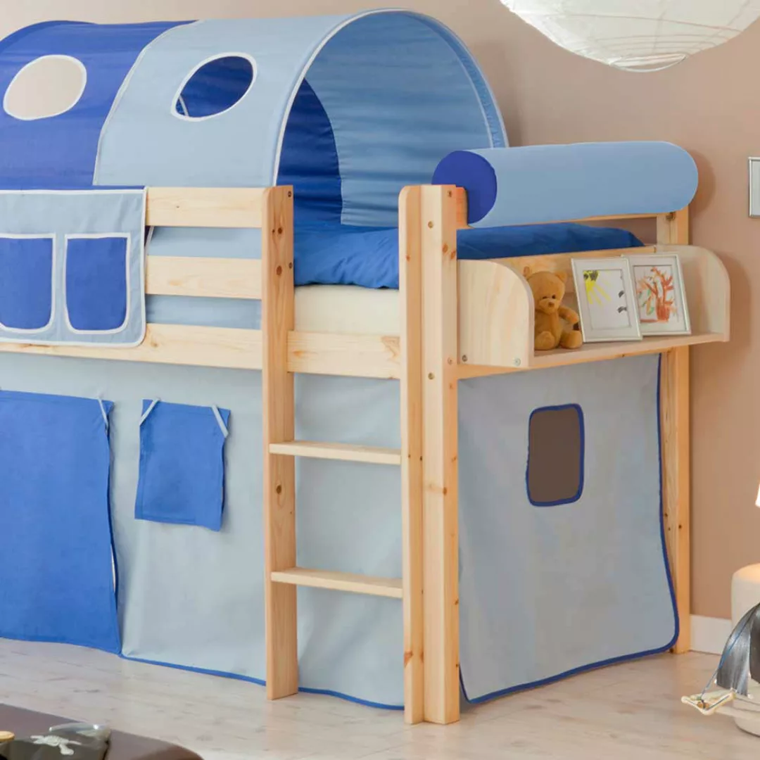 Halbhohes Bett aus Kiefer Massivholz Rutsche und Turm in Blau günstig online kaufen