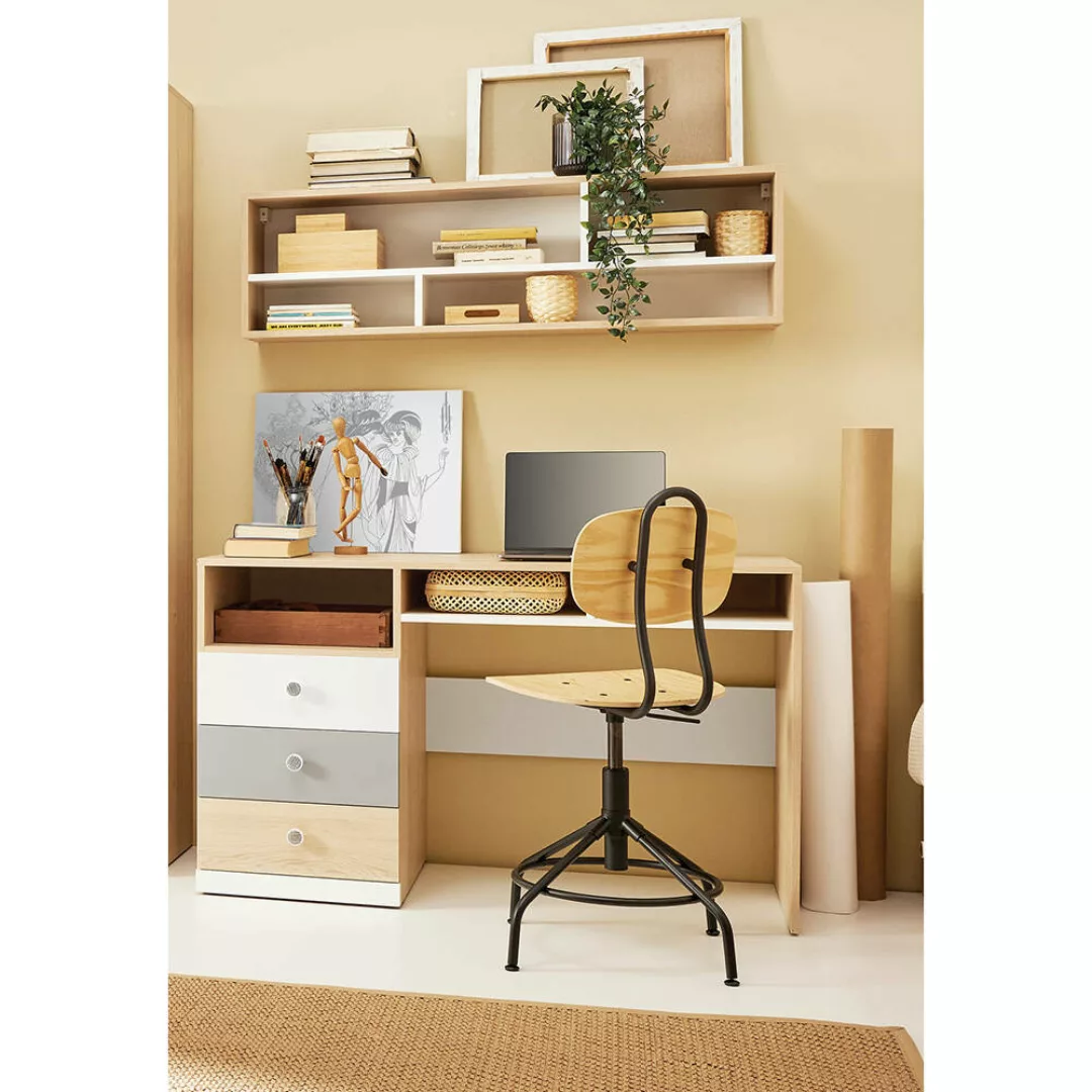 Kinderzimmer Schreibtisch mit Wandregal in Eiche mit weiß und grau PINETO-1 günstig online kaufen