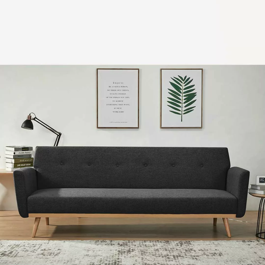 Funktions Klappsofa in Schwarz und Holz Naturfarben Skandi Design günstig online kaufen