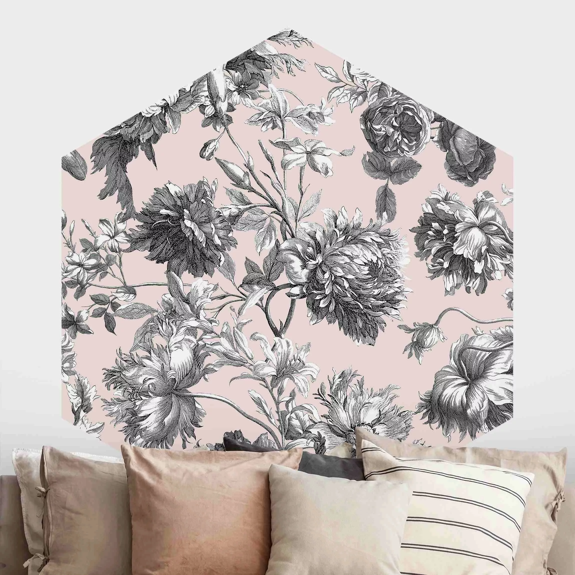 Hexagon Tapete selbstklebend Floraler Kupferstich Graubeige günstig online kaufen