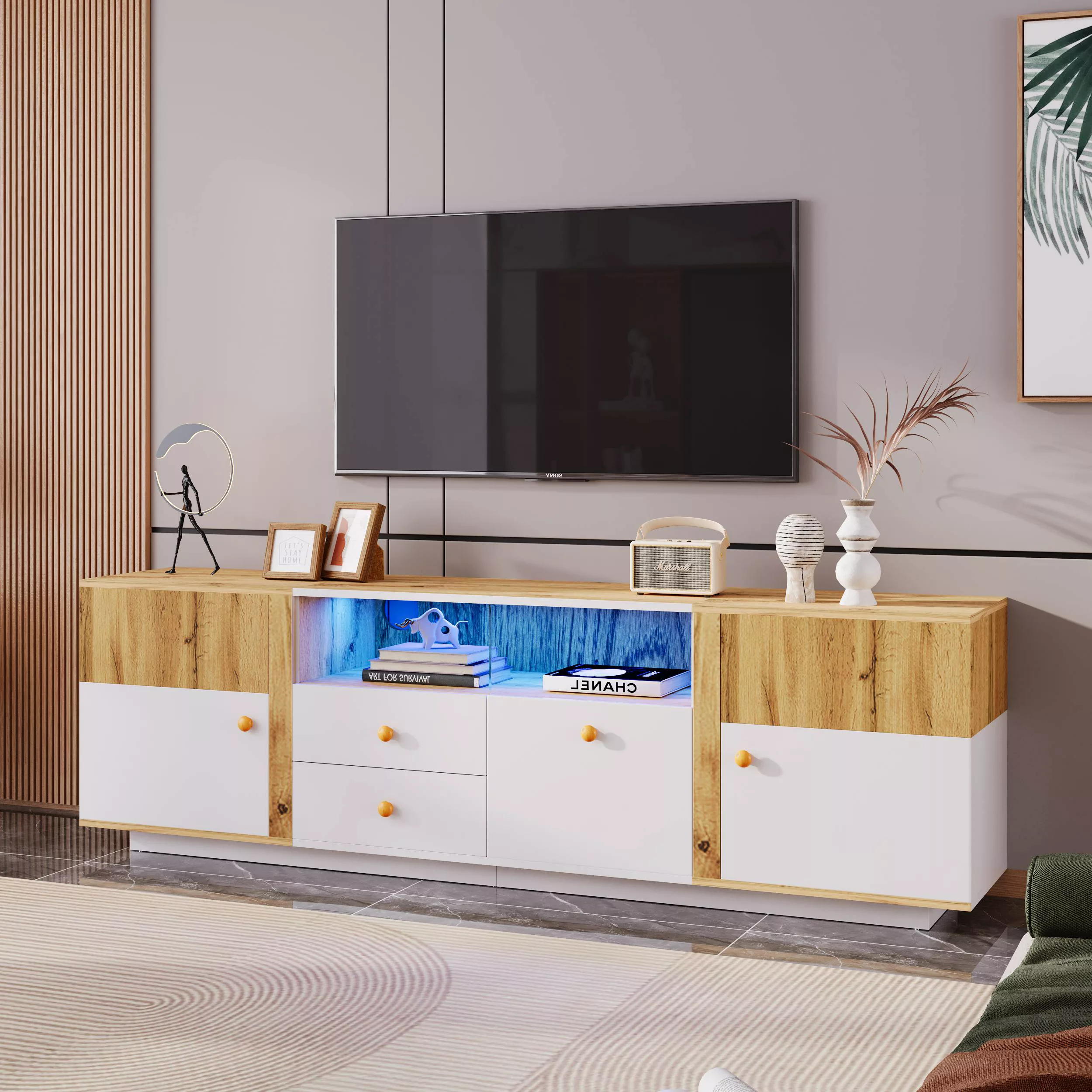 Lowboard TV-Schrank mit LED-Beleuchtung, Glaseinsatz und Schubladen, Natürl günstig online kaufen