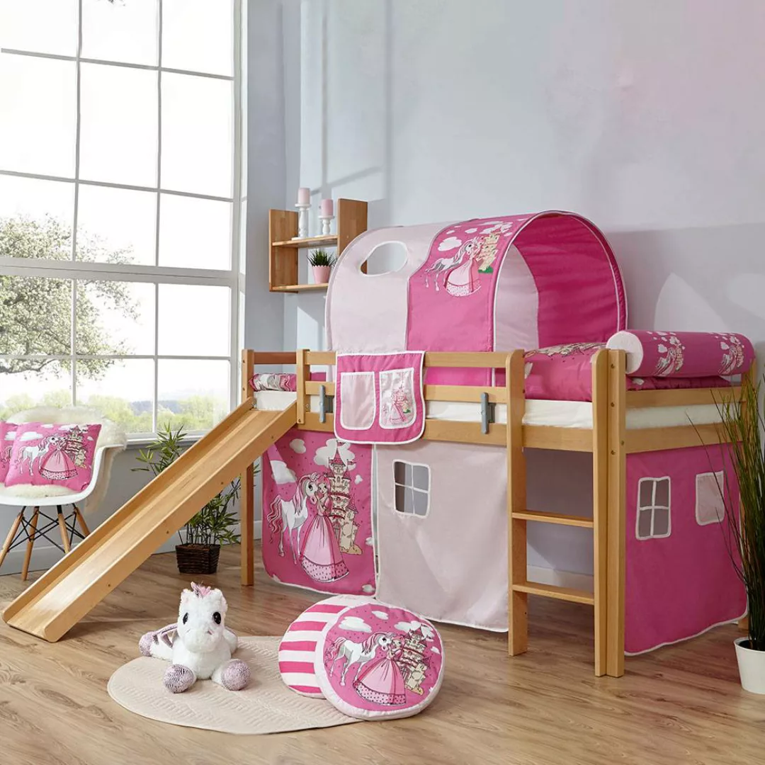 Mädchenhochbett in Buchefarben Pink und Rosa Rutsche günstig online kaufen