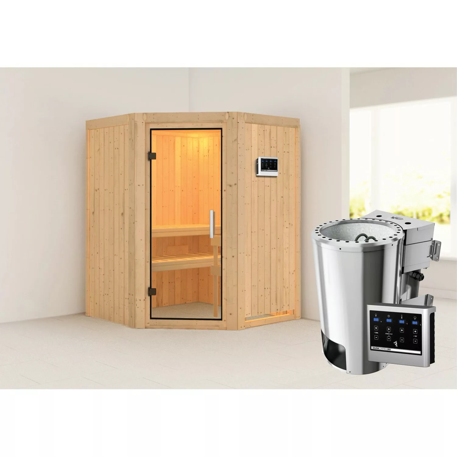 Karibu Sauna mit Bio-Ofen externe Stg.Easy Natur günstig online kaufen